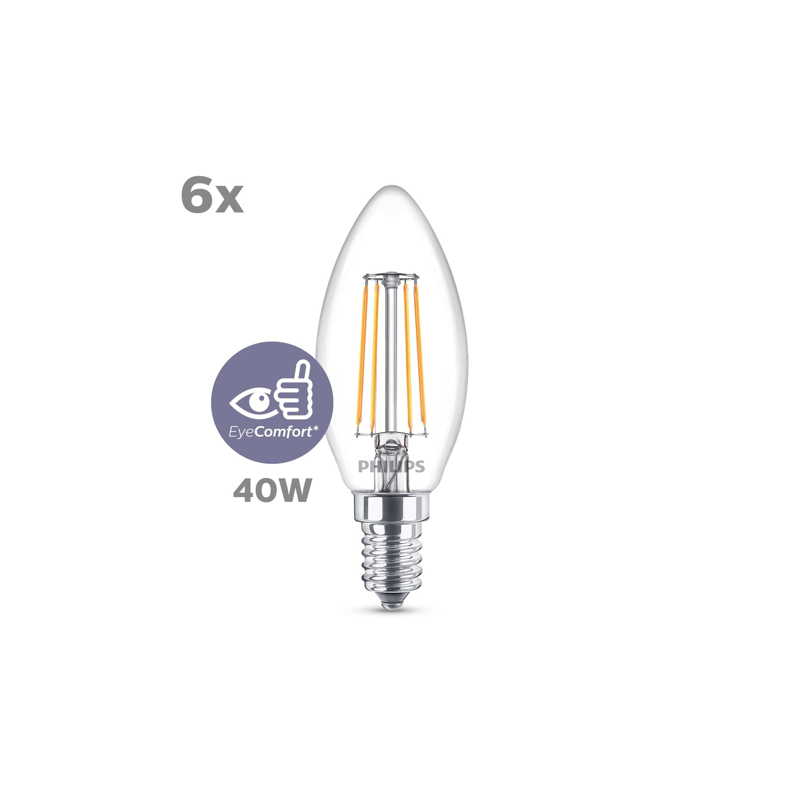 Philips LED Lampadina Oliva filamento, 6 pz, 40W, Attacco E14, Luce Bianca Calda, Non Dimmerabile (Confezione da 2)