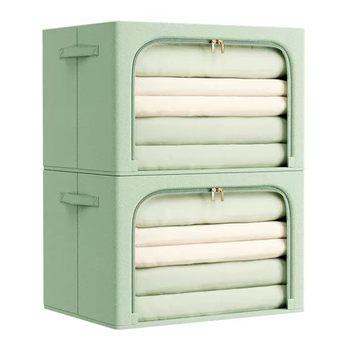 Ftyebdnc Green 2Pcs Collapsible Clothes Storage Boxes, Fabric Steele Organiser With Zips/Green/L50 X W40 X H33cm