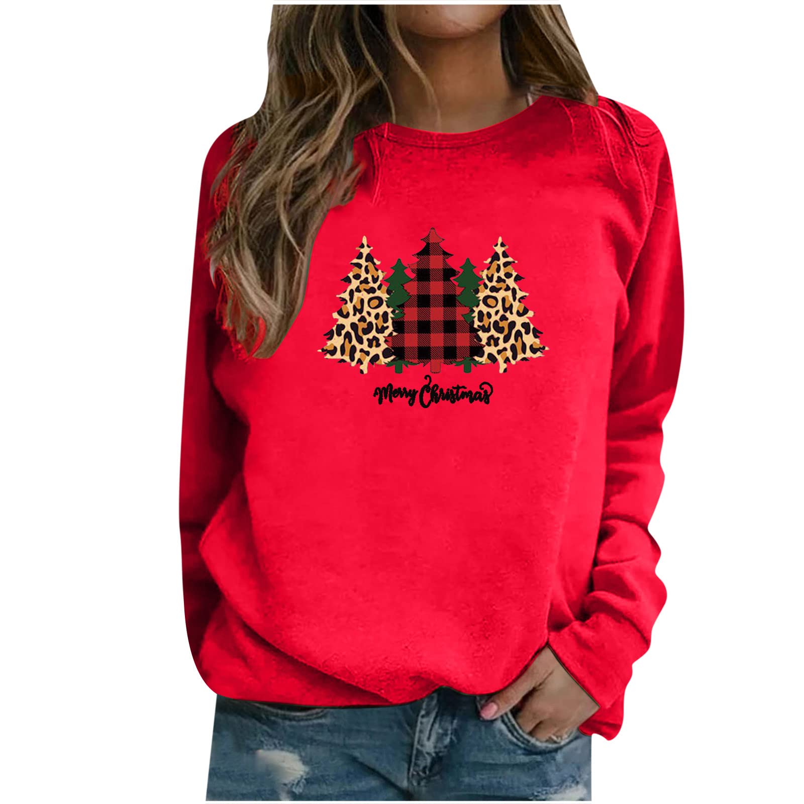 Women Casual Loose Fit Pullover Fashion Christmas Print Long Sleeve Top Winter Comfy Lightweight Ladies Sweatshirt