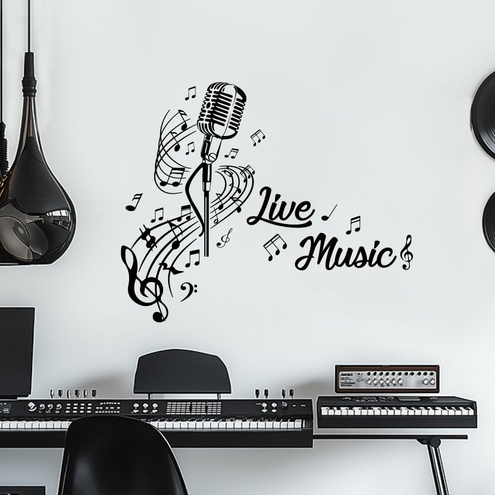 SUPERDANT Live Music Wall Stickers Microphone Wall Decals Music Notes Wall Art Stickers Peel and Stick DIY Black Vinyl Art Decorations for Music Lover Bedroom Music Room Classroom Wall Decor โ image 1