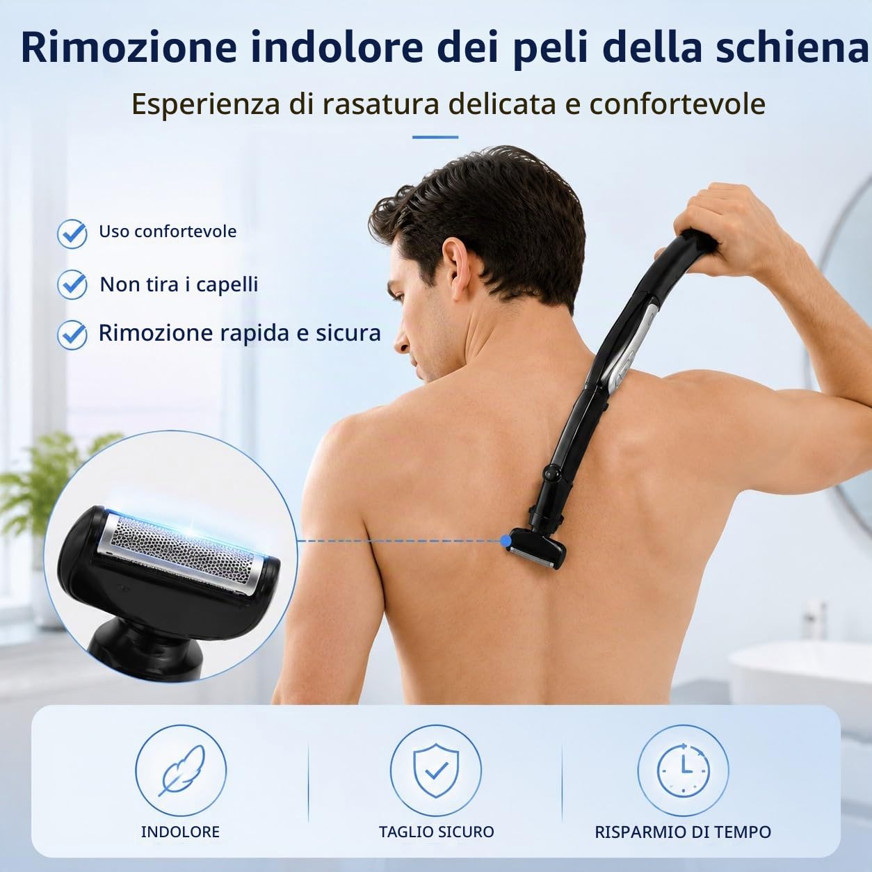 Rasoio Elettrico per la Schiena Uomo, Depilazione Schiena, Rifinitore per la Schiena Uomo, Portata Estrema, Manico Rimovibile, Power Burst, Uso Asciutto e Bagnato,