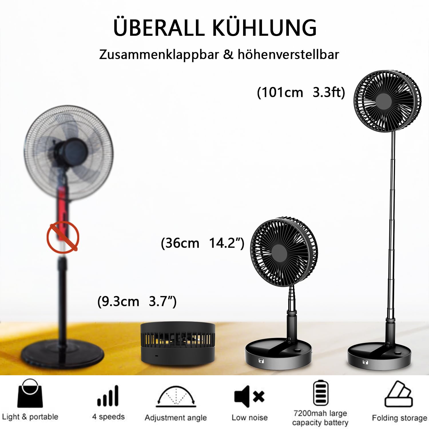 UNITEDTIME Tragbarer Ventilator Faltbares Wiederaufladbares [Fernbedienung] Batteriebetriebene Foldaway Stehender Pedestallventilator, 4 Geschwindigkeit, Timer für Campingreisen, Schlafzimmer(schwarz)