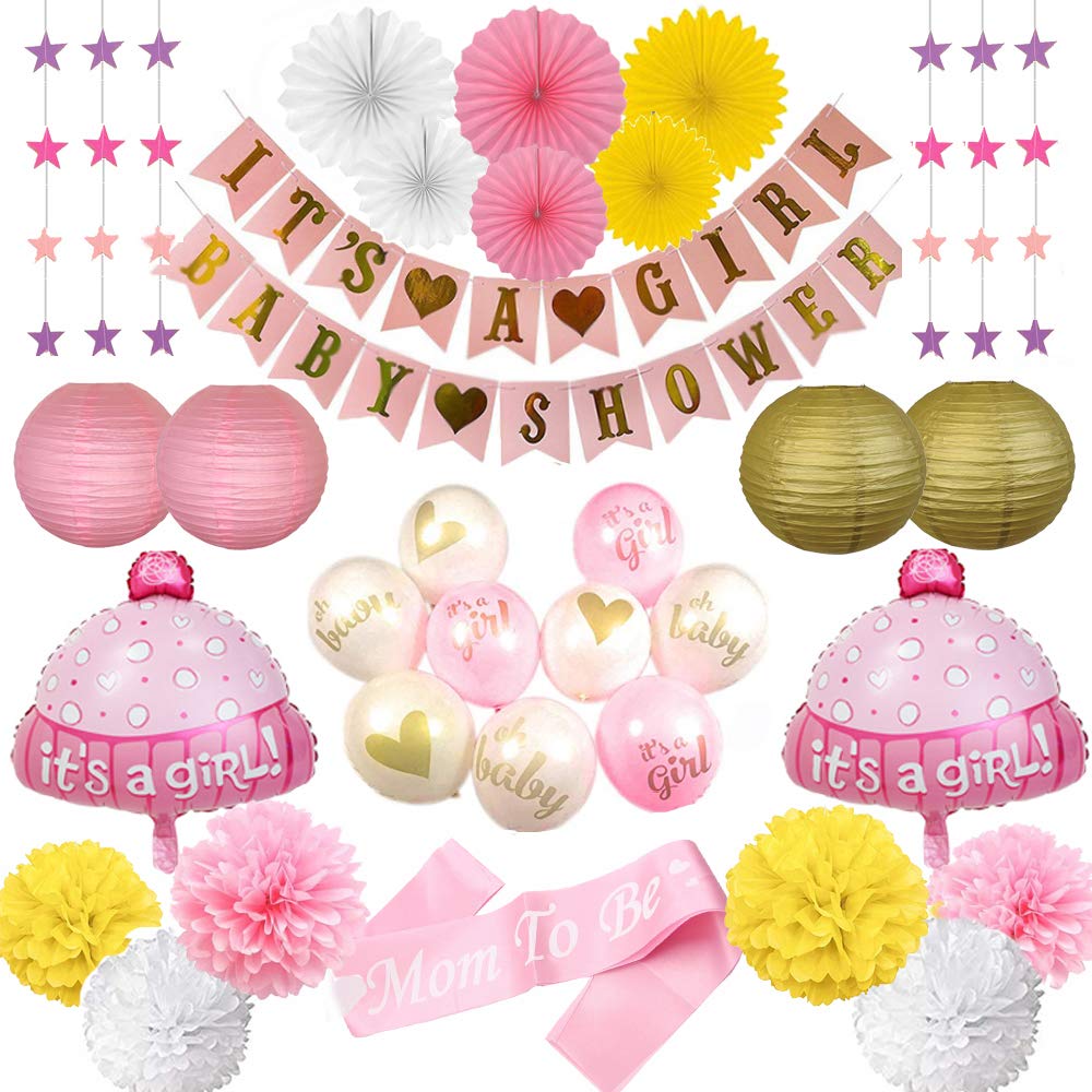 Baby Shower Decorations for Girl Party Supplies Kit It's a Girl Pennant Banner, Pom Poms Flower, Mom to Be Sash, Lanterns, Balloons, Girl Baby Shower Party Decoration Set