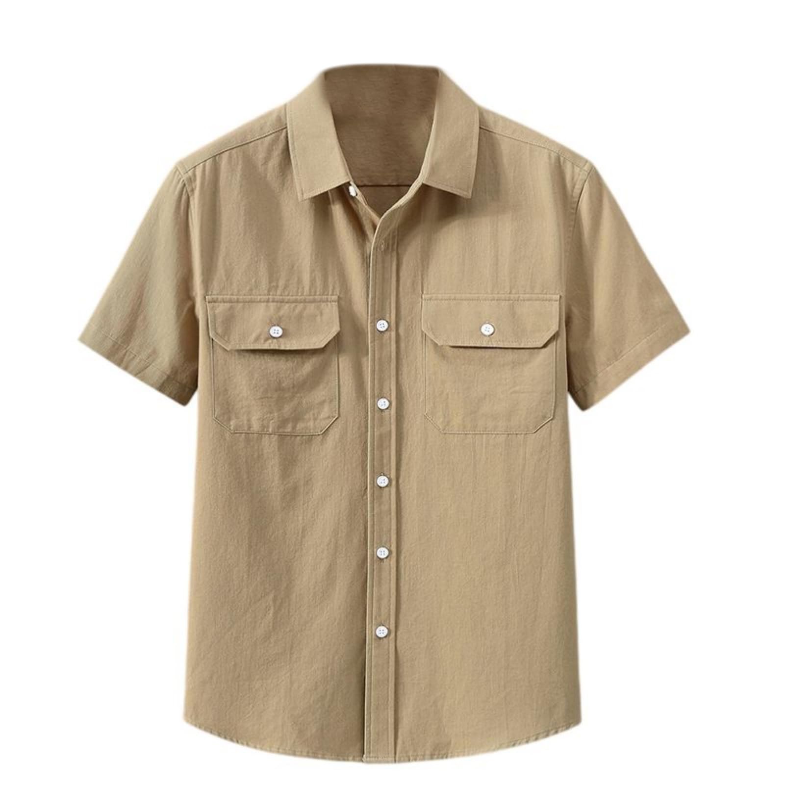 Camicia da lavoro a maniche corte stile americano in cotone con colletto quadrato, tasche doppie