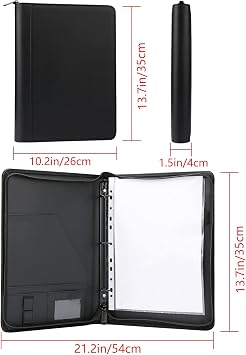 Zippered Portfolio 3 Ring Binder with 8 Pockes, Leather Business Padfolio with Zipper, A4 Document Binder Organizer for School Office