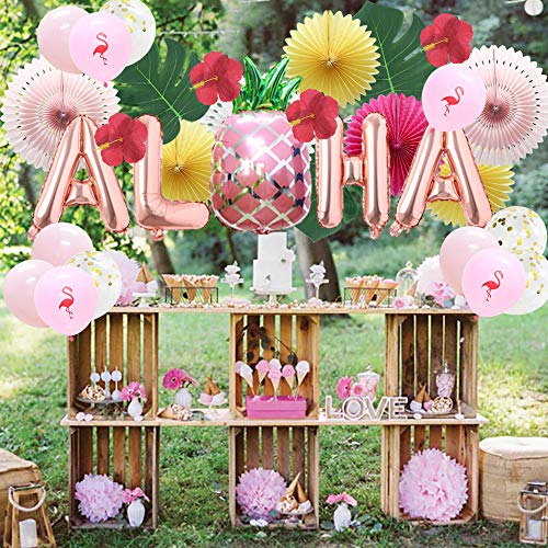 Image of Meiduo Hawaiian Aloha Party Decorations Luau Party Supplies Aloha Pineapple Banner Palm Leaves Silk Hibiscus Flowers Paper Fans Balloons for Adults Baby Shower Tropical Theme Summer Beach Pool Party