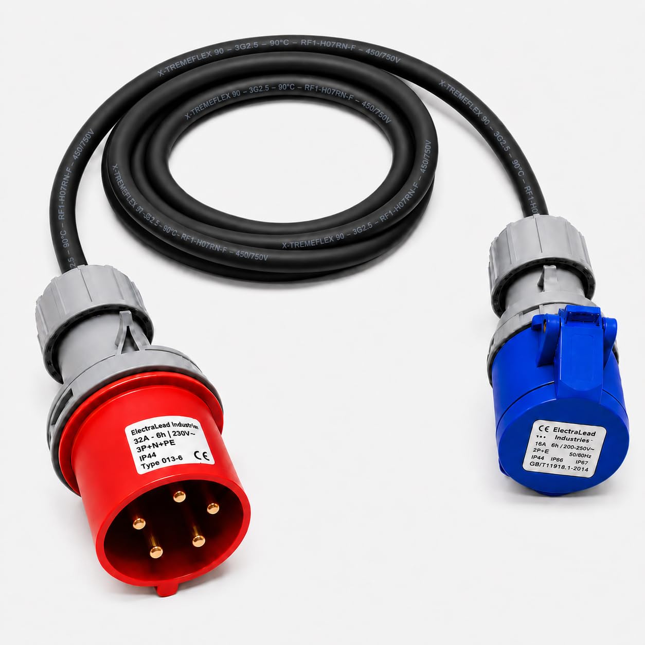 32A 5 Pin 415V to 16A 3 Pin 230V 25m Industrial Adaptor Lead – 3G2.5mm² H07RN-F Rubber Cable, IP44, CE Marked IEC 60309 Connectors (25 Metre)