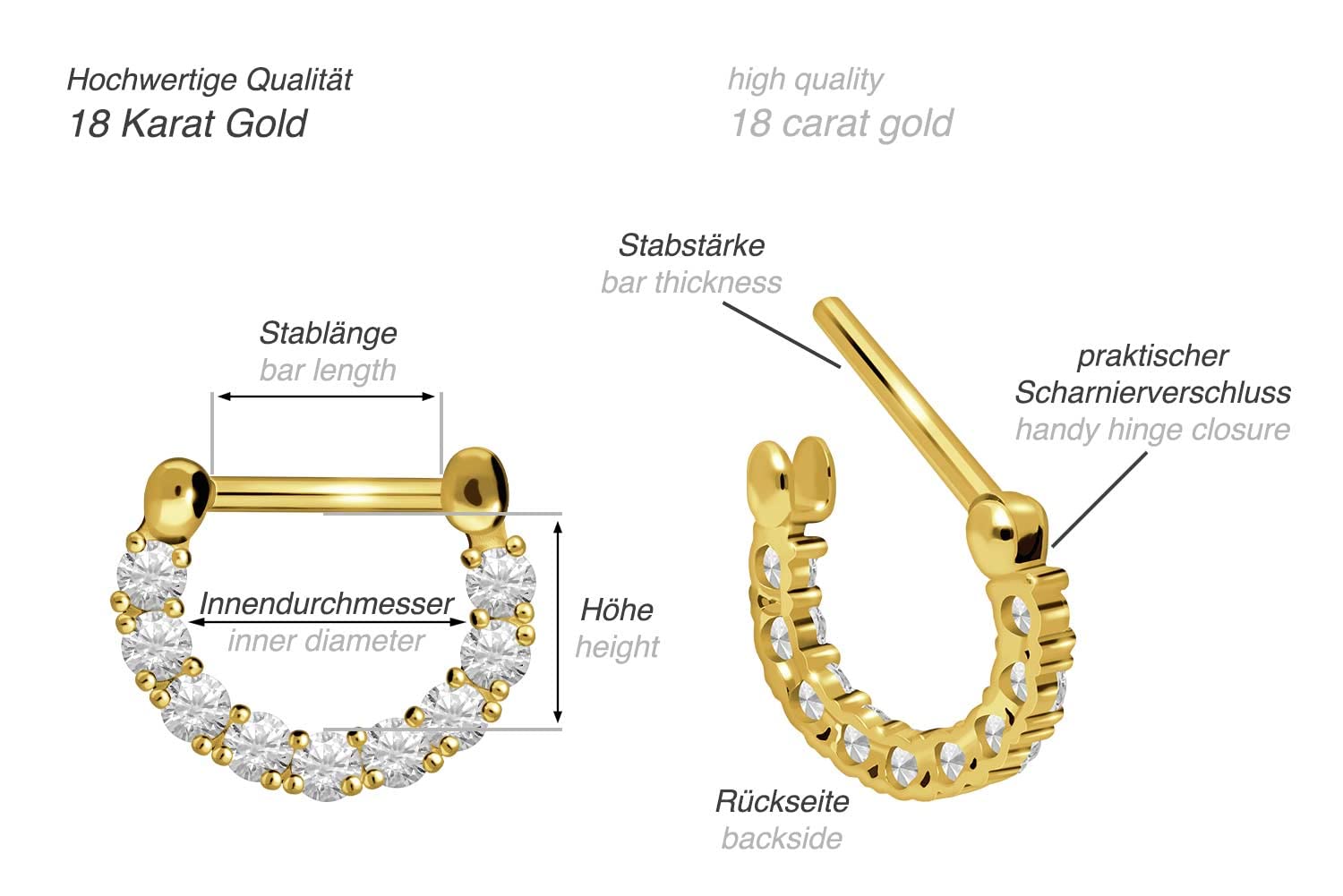 PIERCINGLINE 18 Karat Gold Clicker mit 9 Kristallen | Piercing für Septum Helix Tragus | Farbauswahl