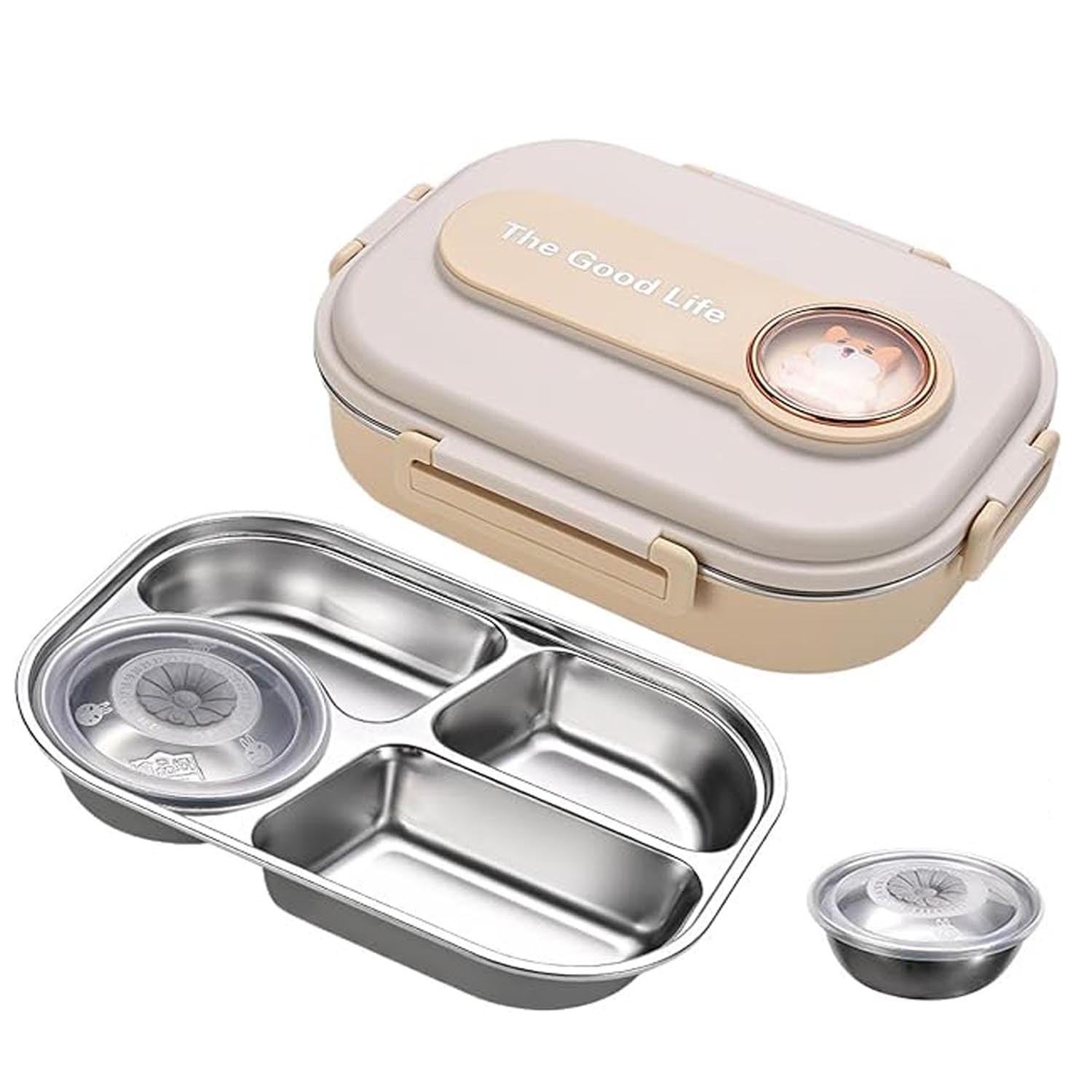 Tycom Stainless Steel Lunch Box for Kid School, Insulated Bento Lunch Box, 4 Compartment Divided Lunch Containers with Lids, Leakproof | BFA Free | Dishwasher Safe (Dog Beige)