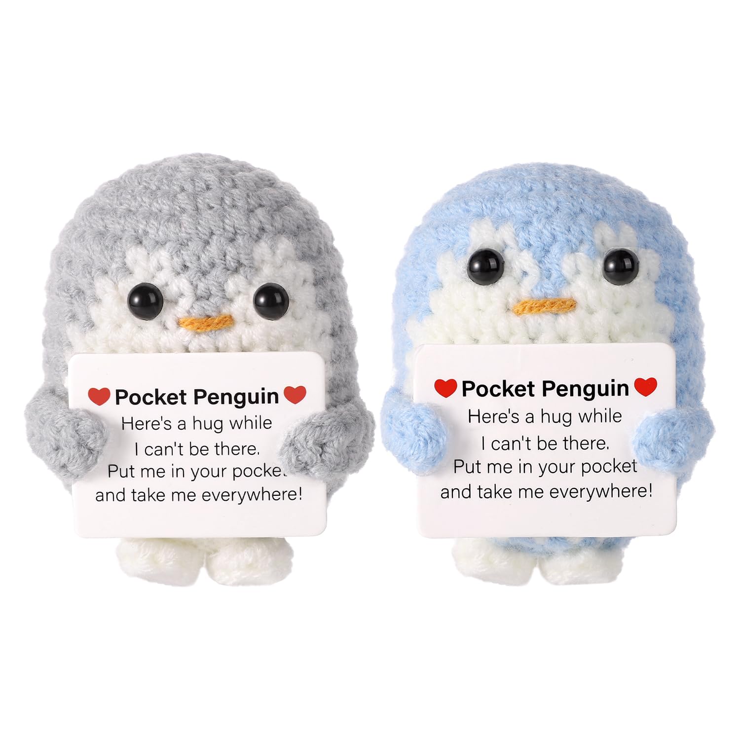 TOYMIS 2pcs Pocket Penguin Hug, 2.6 Inch Funny Knitted Toy With Encouragement Card, Cute Positive Doll Crochet for Friends Family Birthday Party Gift Decoration (Gray, Blue)