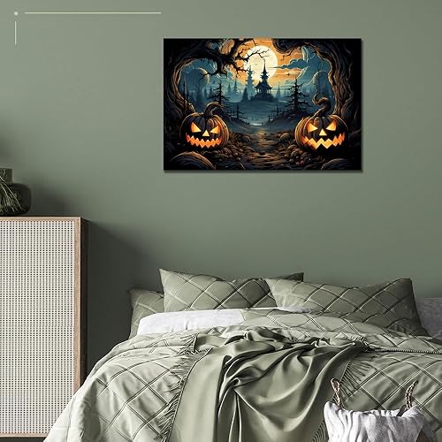 Miniatura 7 de Decoración de muebles de Halloween, farol de calabaza, arte para pared, póster de terror de castillo negro con cara sonriente de calabaza, impresión
