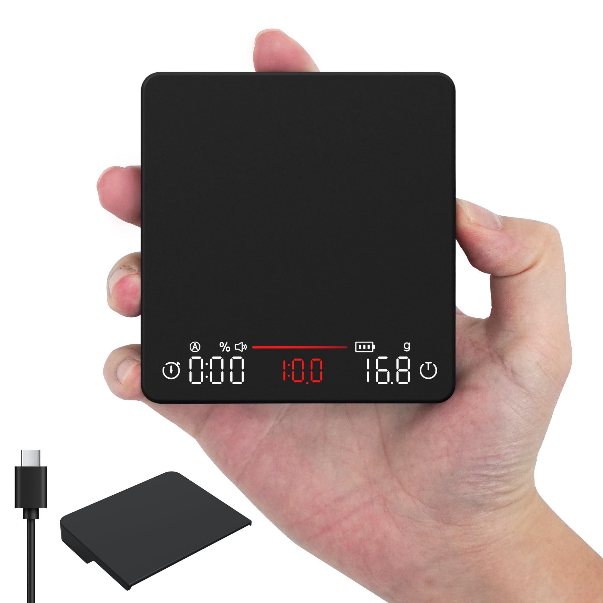 Báscula de café con temporizador, 2 kg/0,1 g, proporciones y visualización de caudal | Báscula de espresso recargable, para vertido, prensa francesa, precisión de grado barista, negro, pesaje digital de cocina
