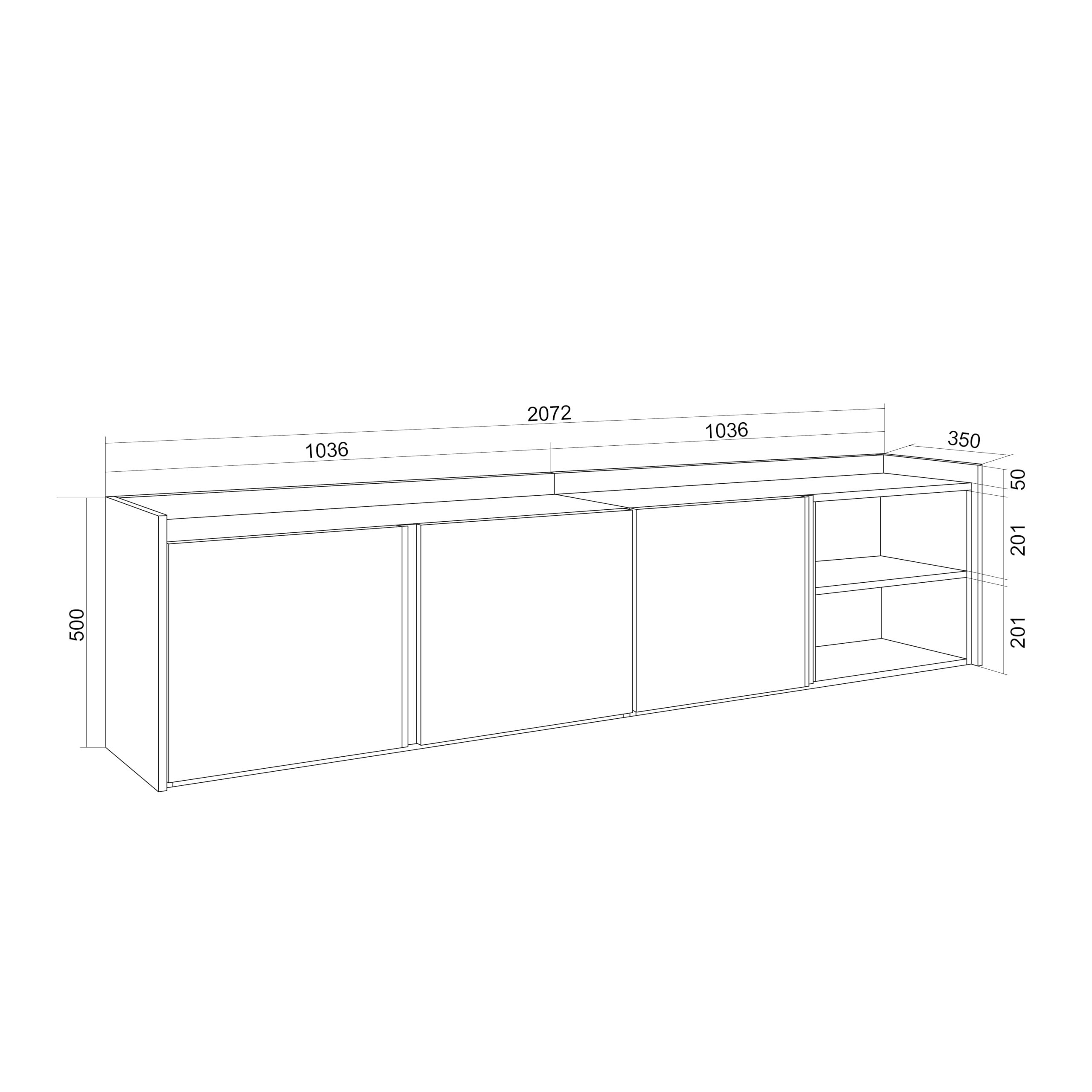 Skraut Home | Mobile TV Soggiorno | 207x50x35 cm | Nero e rovere | Ampio spazio a disposizione | Per TV fino a 80" | Sospeso, da appendere | Stile moderno