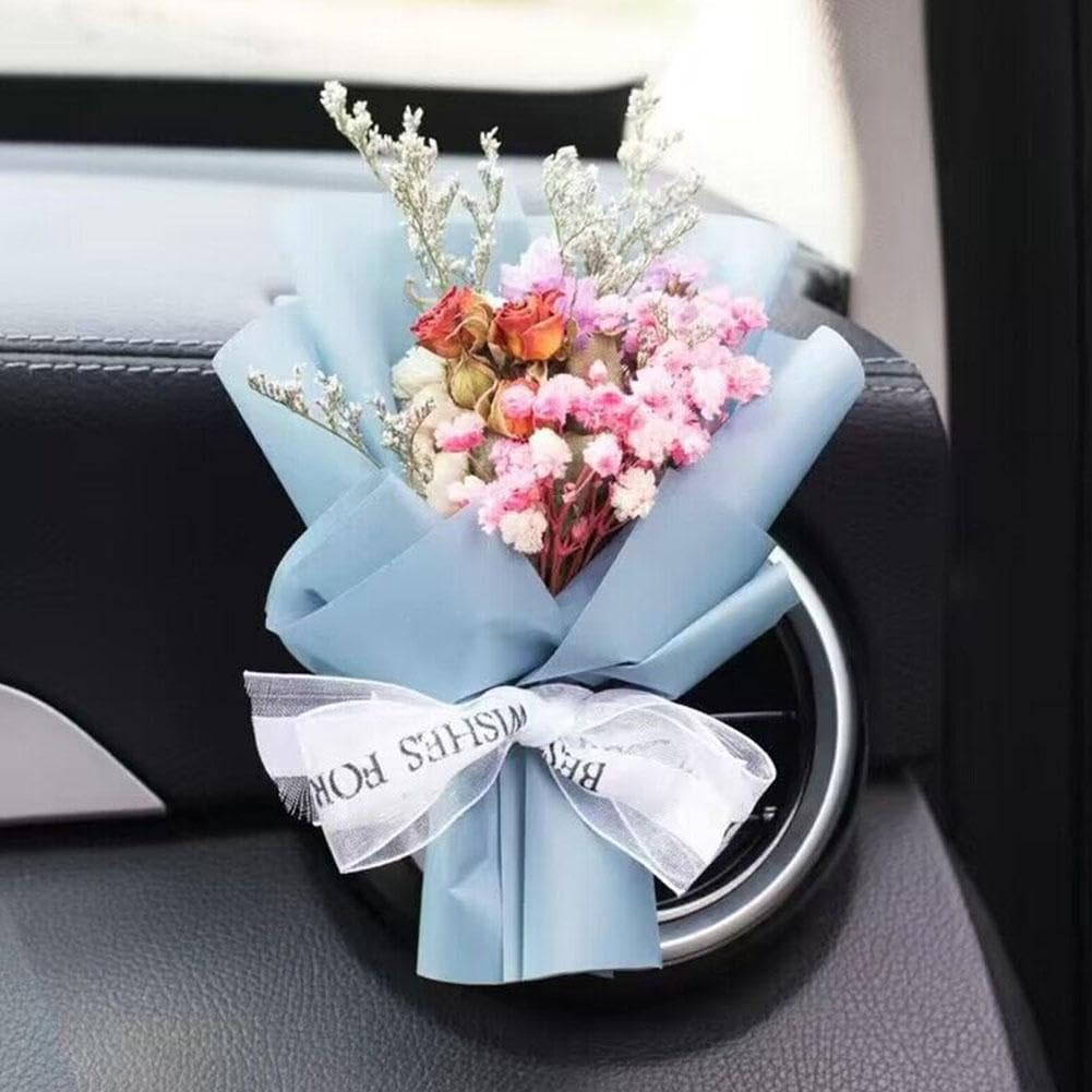 Blue Small Bouquet Car Air Freshener Vent Clips, Mini Dried Flowers Bouquet for Car Air Vent Clips, Car Air Outlet Perfume, Air Fresheners Car Air