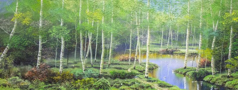【油彩画】早瀬遼　作　白樺林　肉筆画　F10 新緑美しく春〜夏に運気向上する作 油彩画】早瀬遼 作 白樺林 肉筆画 F10 新緑美しく春〜夏に運気