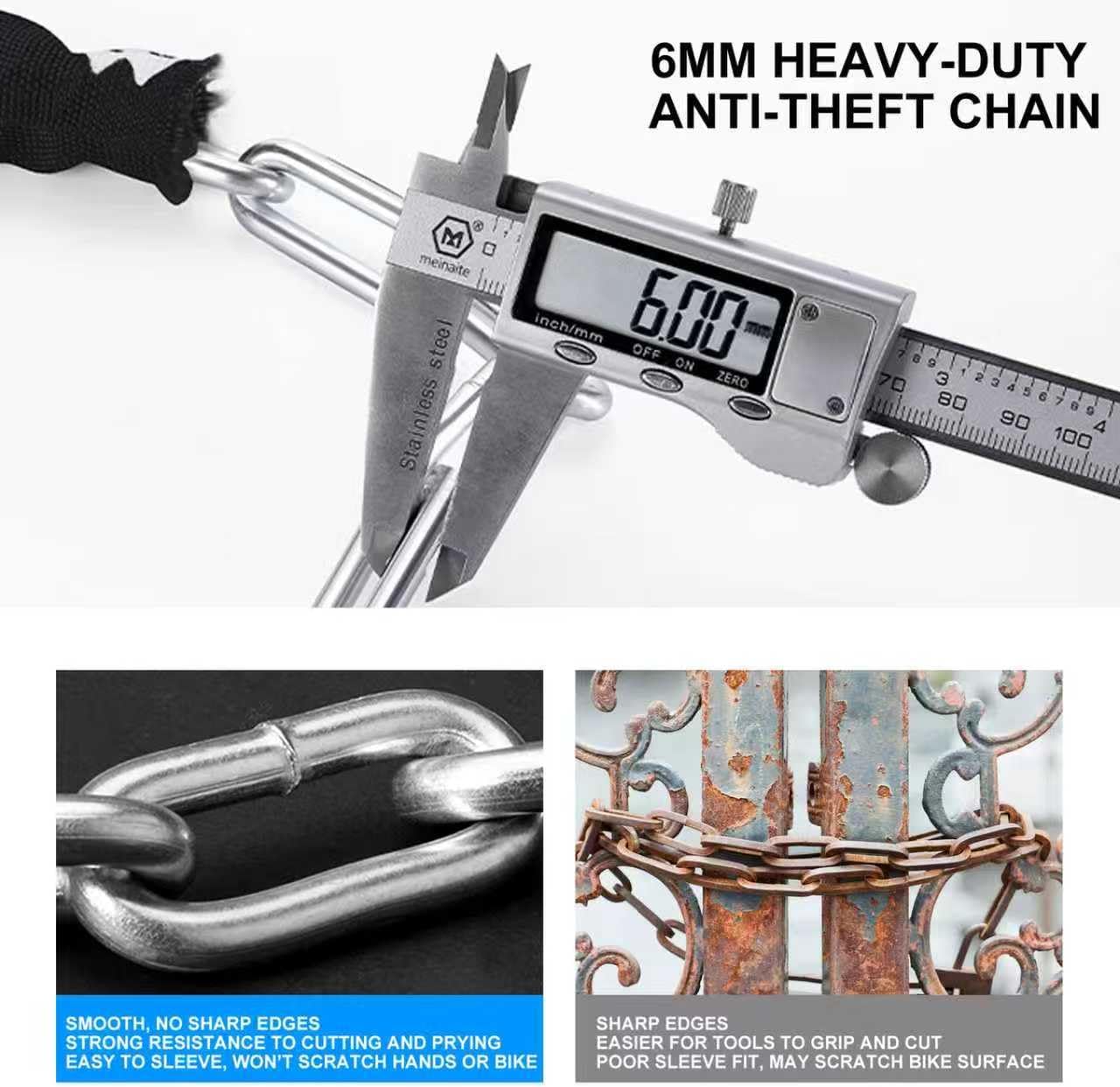 Venzio Heavy Duty Anti-Theft Bike Chain Lock, 6mm 4FT Steel Security Chain | 2 Keys Bicycle Chain Lock, Waterproof Sleeve and Zinc Alloy Core, Ideal for Scooter, Fence, Gate, Motorcycle