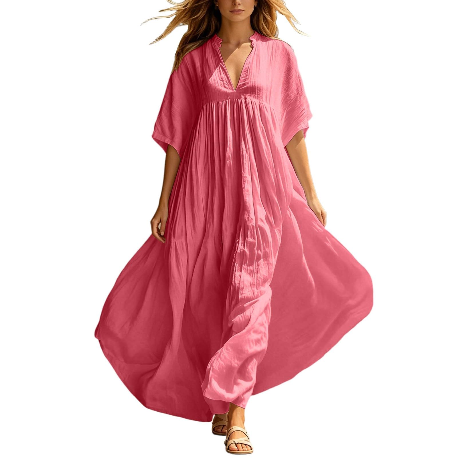 Vestido de Playa Holgado de Color Liso para Mujer con Escote en V.
