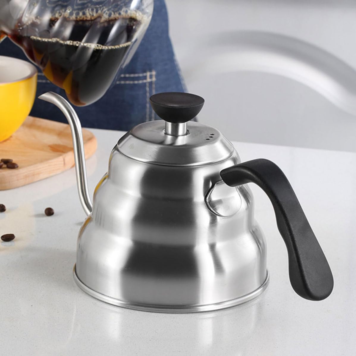 Bollitore per Caffè a Collo di Cigno 1000ml in Acciaio Inox | Compatibile con Piani Cottura a Induzione a Gas, Beccuccio lungo Gocciolamento, Raccolta Rapida Dell'acqua
