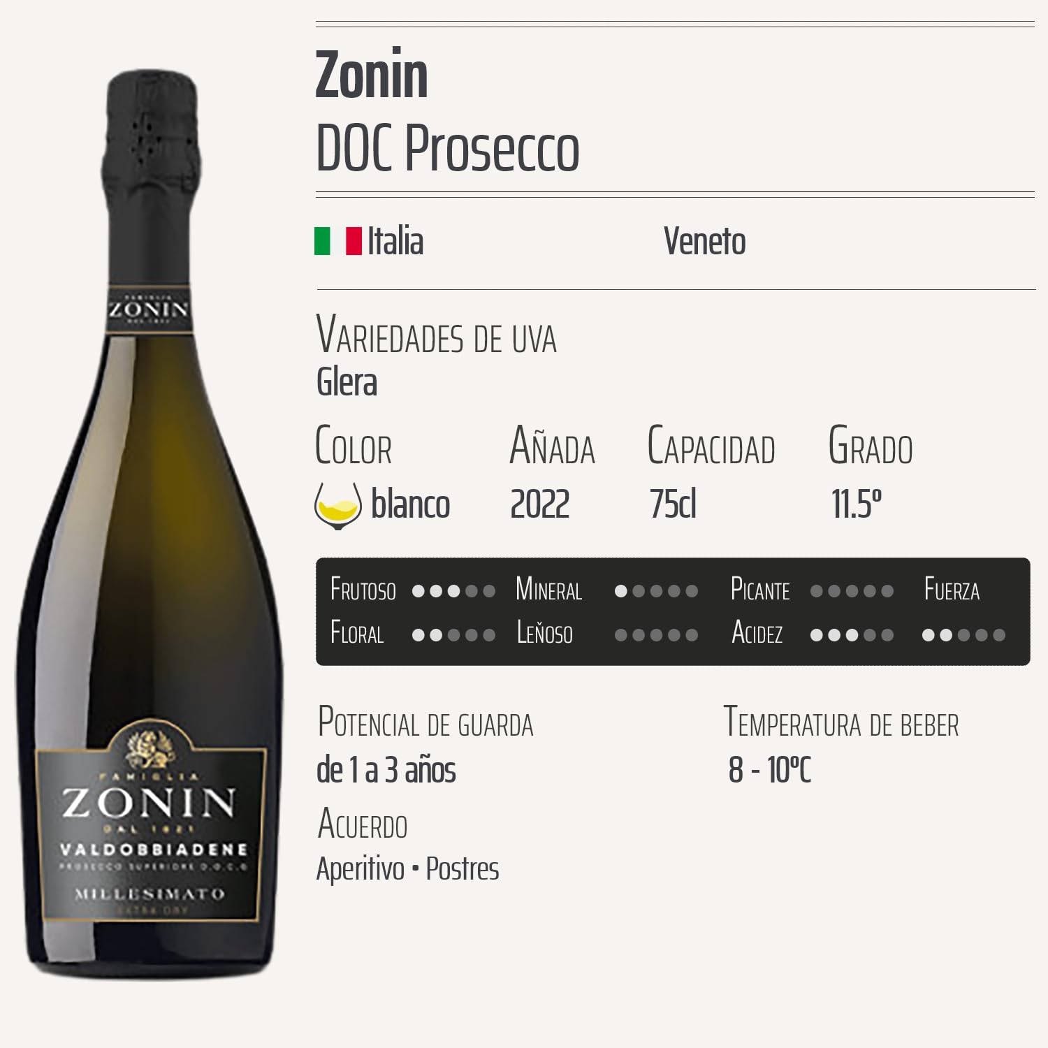Prosecco Millesimato Brut blanco 2022 - Zonin - DOC - Veneto - Italia - Variedades de uva Glera - 6x75cl