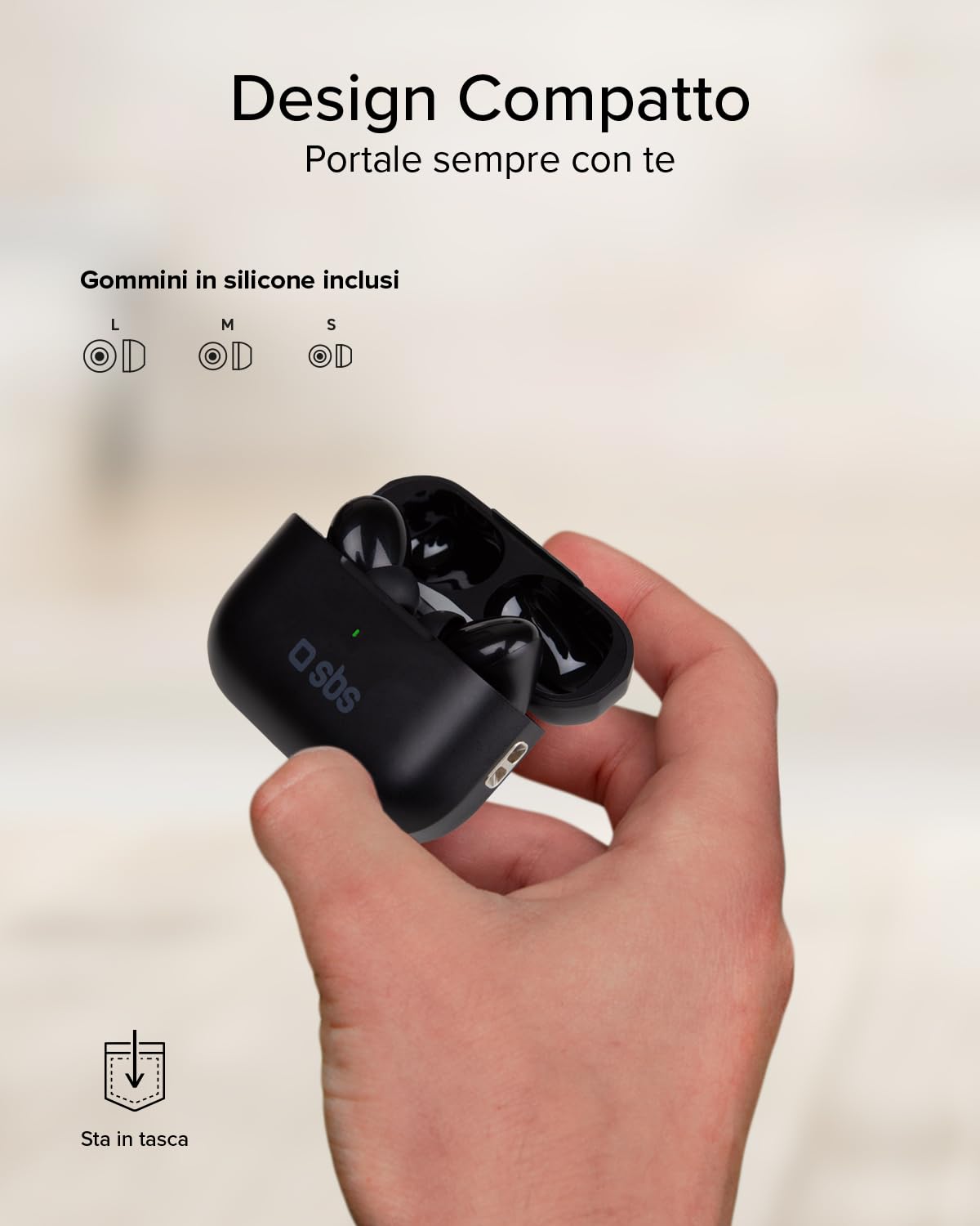 SBS Air Kab Max TWS Cuffie Auricolari In-Ear True Wireless Stereo | Custodia con Ricarica Wireless, Hall Switch, Dual Leader, Comandi Touch, per Smartphone, Tablet, Laptop, Autonomia 5h, Nero