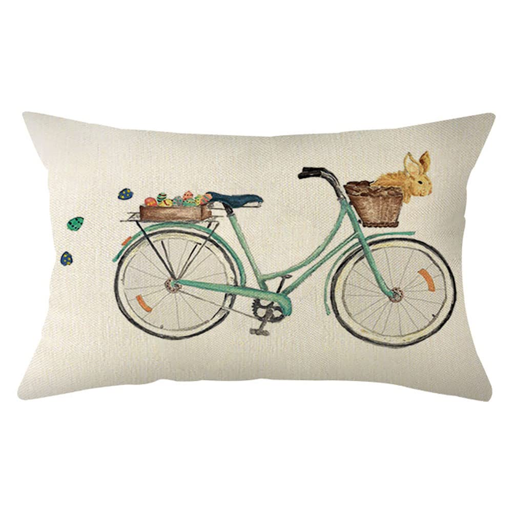 Ogiselestyle Easter Bunny Bicycle Pillow Cover 12 x 20 Inch Easter Rabbit Eggs Cushion Case Decoration for Sofa
