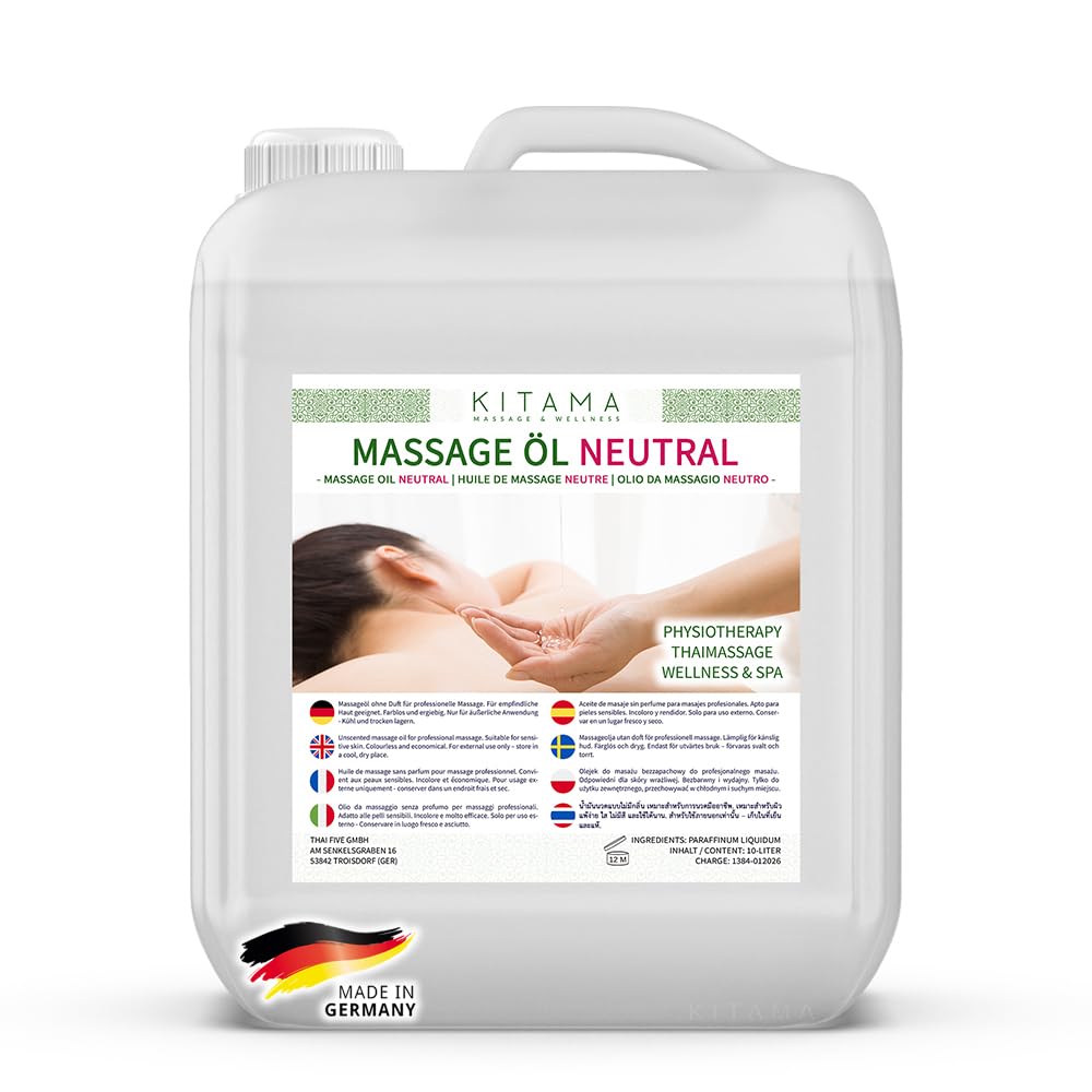 Kitama Huile de Massage Neutre 10L - Sans Parfum - Kiné, Spa & Massage Thaï | Sans parfum ni colorant, idéal pour allergiques. Pour massage thaï, kiné & spa. Glisse parfaite. Fabriqué en Allemagne.