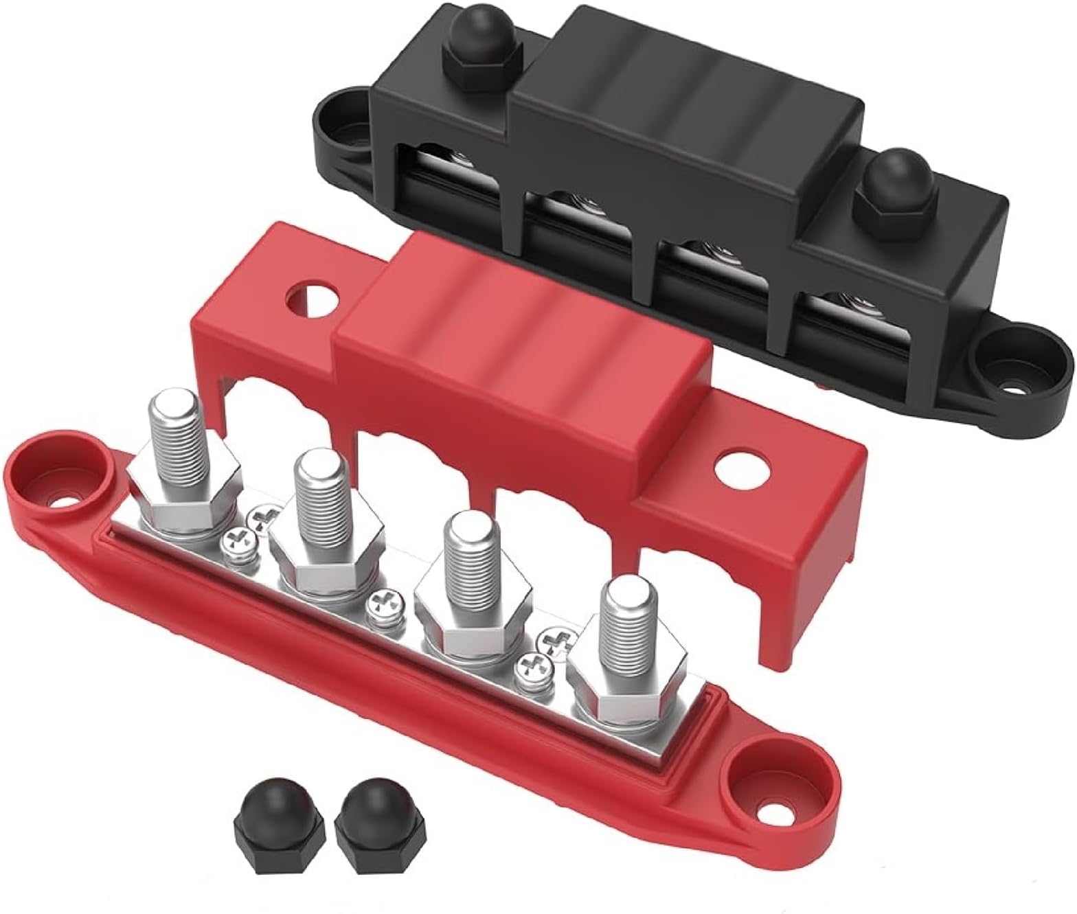 250A 12V Power Distribution Block Bus Bar 4 x 5/16" (M8) Studs 12 Volt Marine Bus Bar Battery Terminal Block with Cover for Marine, Automotive, RV, Solar, Positive & Negative (Red & Black)