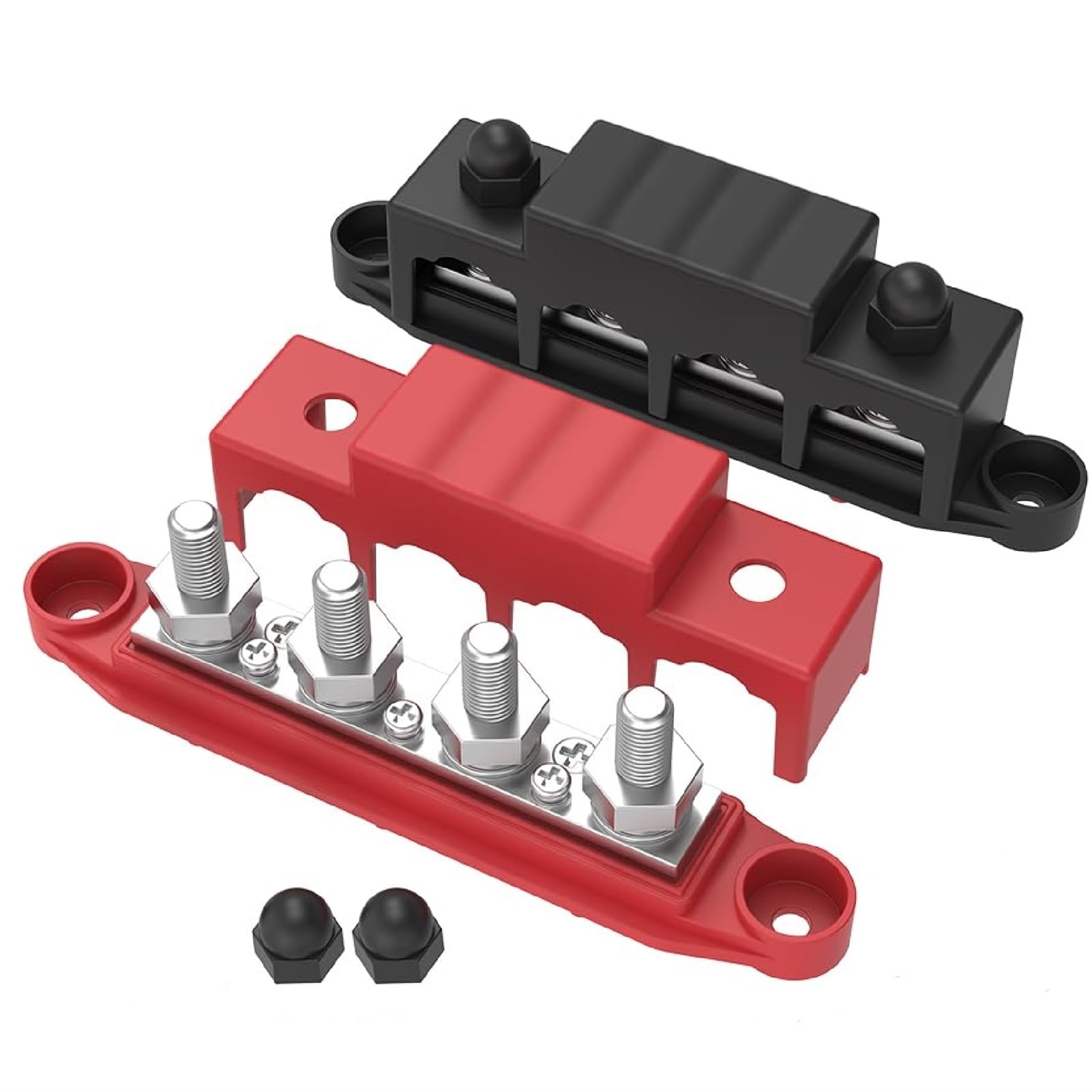 Jiawu 250A 12V Power Distribution Block Bus Bar 4 x 5/16" (M8) Studs 12 Volt Marine Bus Bar Battery Terminal Block with Cover for Marine, Automotive, RV, Solar, Positive & Negative (Red & Black)