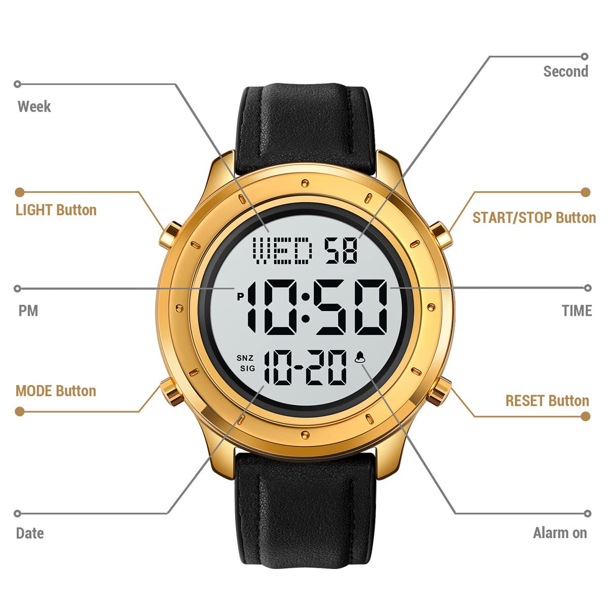 Reloj digital para hombre, reloj de pulsera LED, minimalista, de acero inoxidable, resistente al agua, cronómetro
