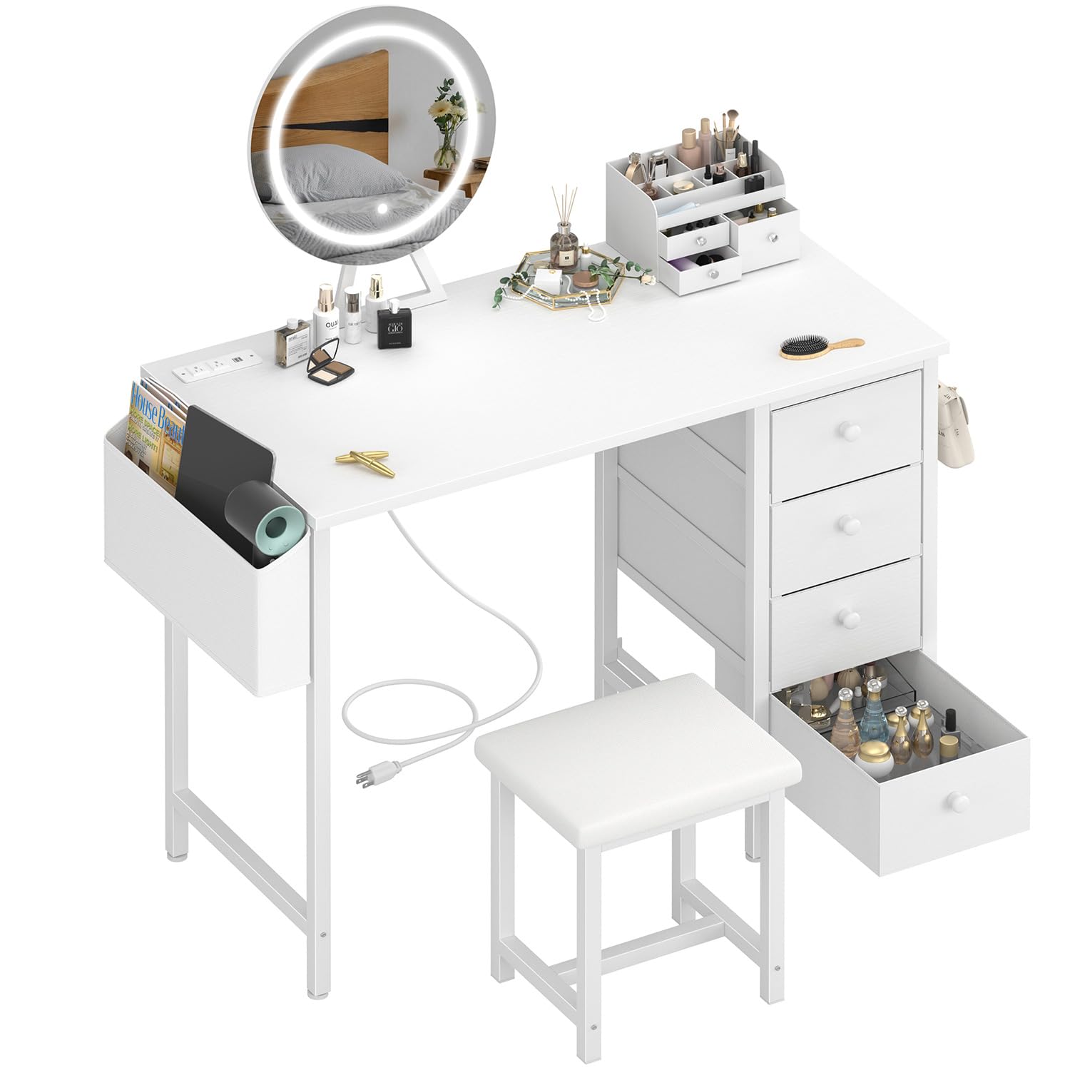 White Vanity Desk with Mirror and Light- Makeup Vanity Set Table with Chair, Storage, Lighted Mirror, 4 Large Fabric Drawers & Power Outlet, Dressing Table Vanities for Girls Bedroom