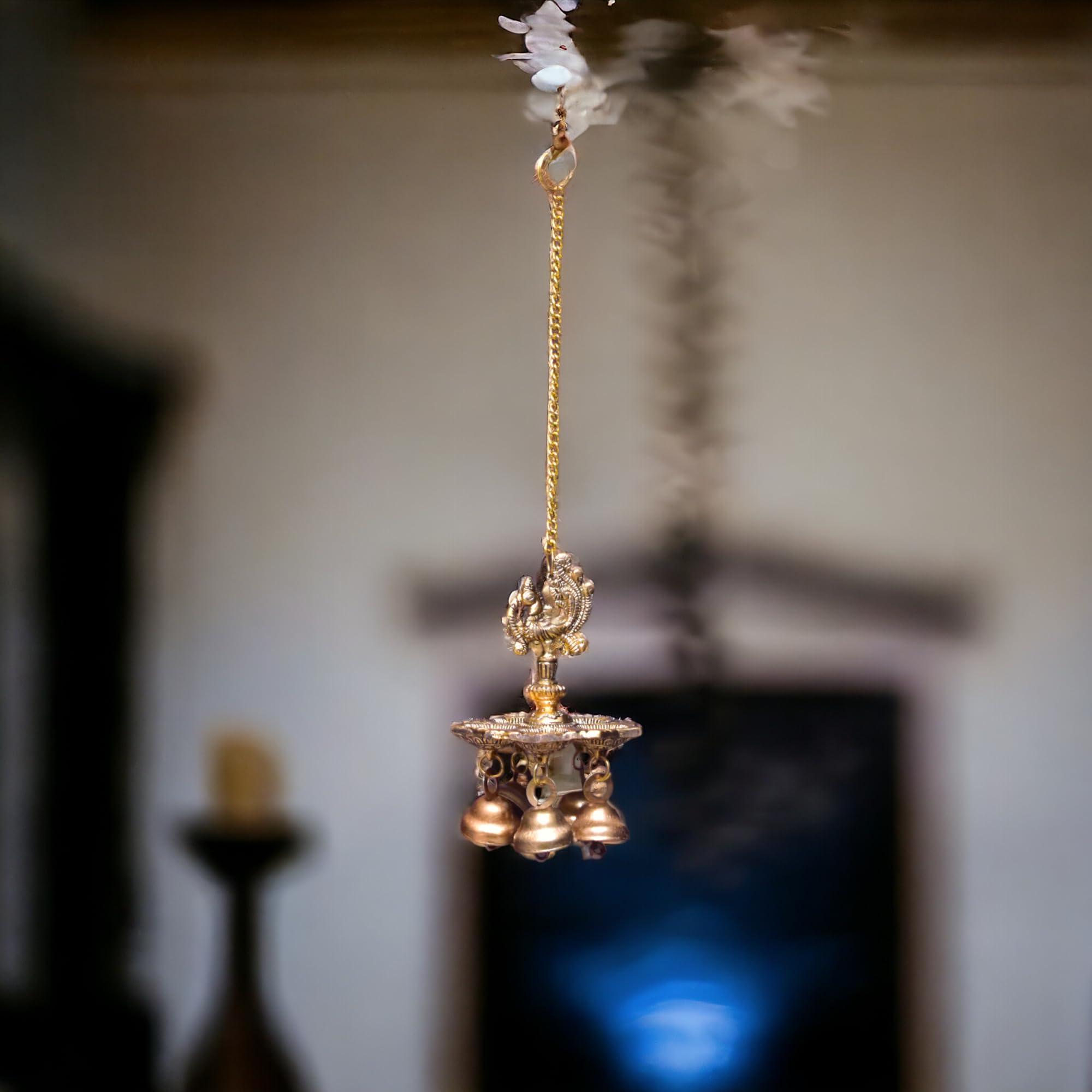 KridayKraft Aluminium Handmade Ethnic Small Peacock Design 5 Oil Wick Hanging Diya, Diyas for Decoration, Medium, Pack of 1, Hanging Decorative Items