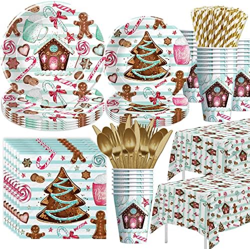 APOWBLS Christmas Paper Plates and Napkins, Christmas Party Supplies Decorations Tableware, Plate, Cup, Napkin, Tablecloth, Cutlery, Straw, Gingerbread Cookie Theme Xmas Christmas Dinnerware, Serve 24