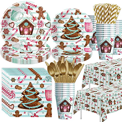 Apowbls Christmas Paper Plates And Napkins, Christmas Party Supplies Decorations Tableware, Plate, Cup, Napkin, Tablecloth, Cutlery, Straw, Gingerbread Cookie Theme Xmas Christmas Dinnerware, Serve 24 #TOP27
