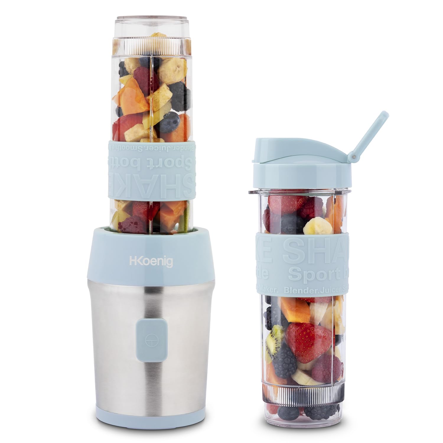 H.Koenig Mini Batidora Smoothie Maker Compacto 570Ml SMOO16 Sin Bpa Potente 300W, Batidora De Smoothie 2 Botellas PortáTiles, 4 Cuchillas De Acero Inoxidable, Azul Pastel-image