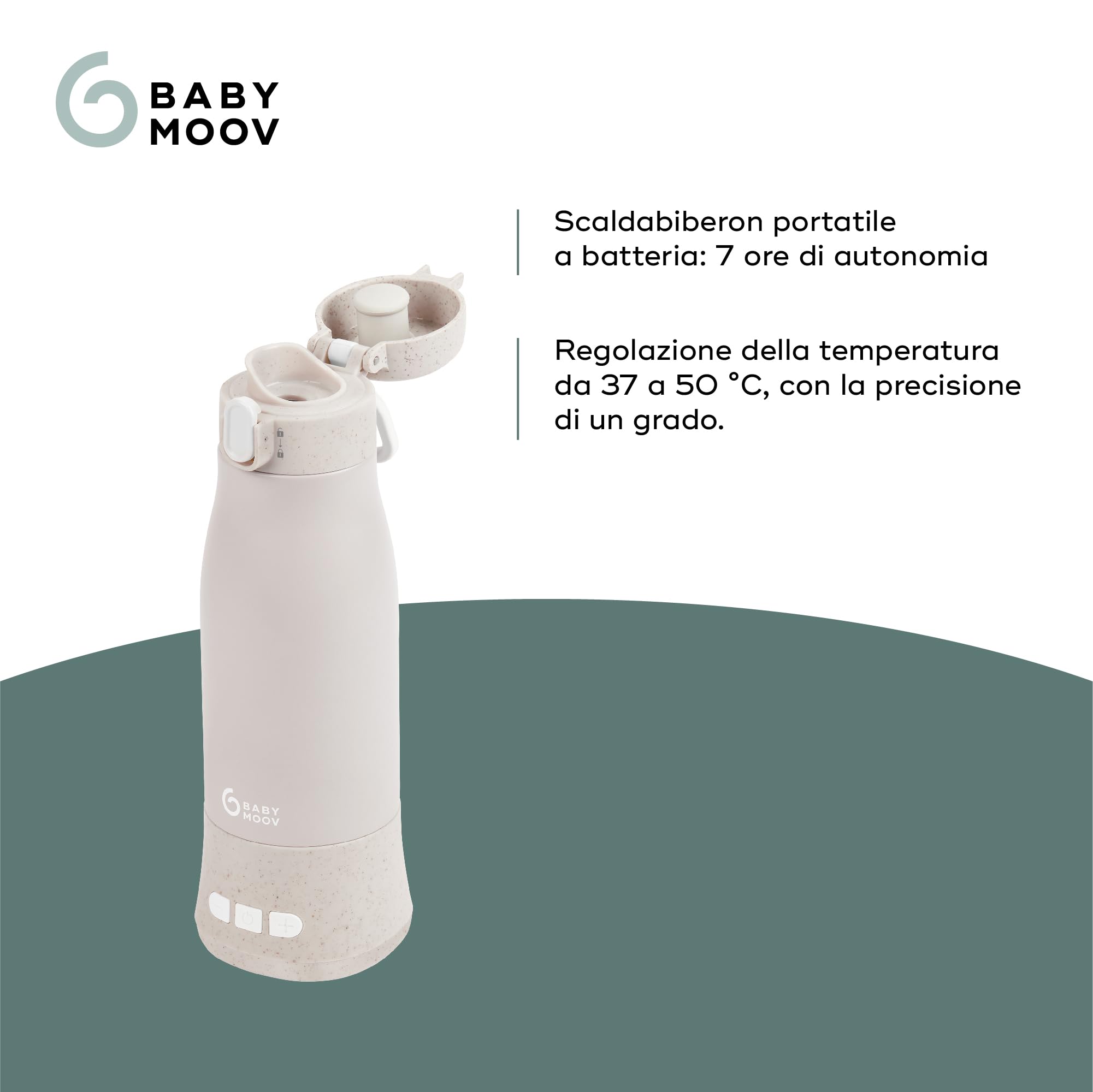 Babymoov Scaldabiberon da viaggio senza filo Moov & Feed- Capacità 340 ml-Acqua o latte materno-Temperatura regolabile- Mantenimento al caldo (fino a 7 ore)-Ricarica USB-Garanzia a vita- Mineral beige