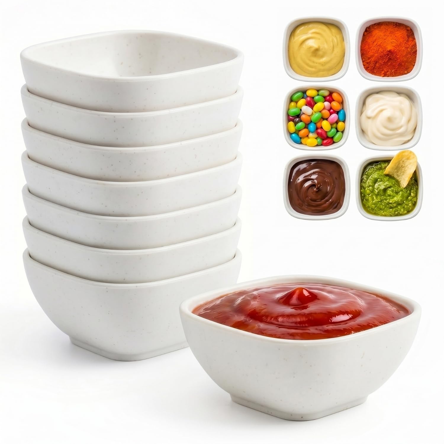 Wrova Unbreakable Mini Dipping Bowls 5oz - Set of 8 Reusable Plastic Small Bowls Microwave and Dishwasher Safe Dip Bowls for Soy Sauce Dish, Snack, Condiment - White