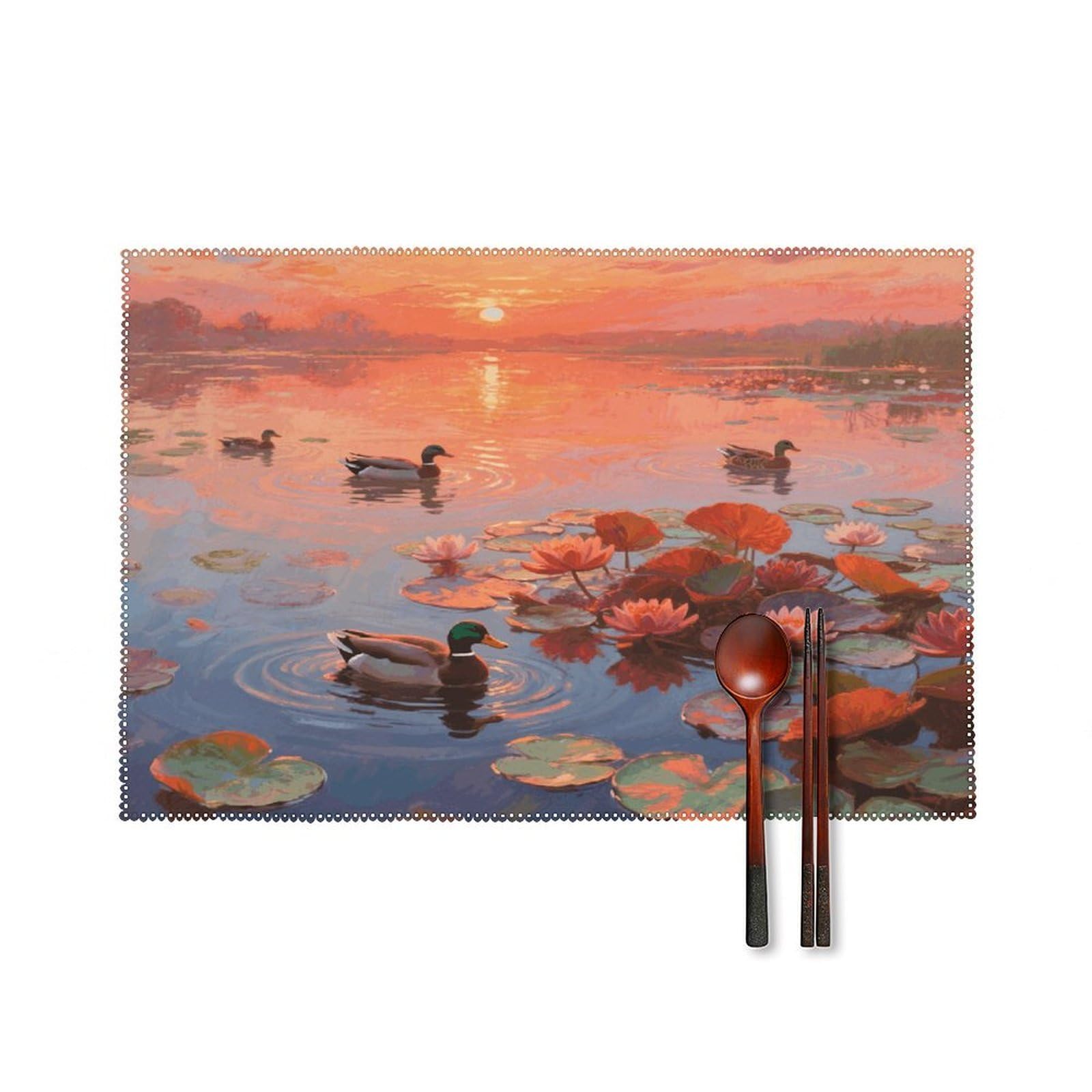 Waterlily Placemats Set of 4 Heat Resistant Non-Slip Place Mats for Dining Table Washable Placemat Wipeable Dining Table Mat Canvas Place Mats Dining Table Decor