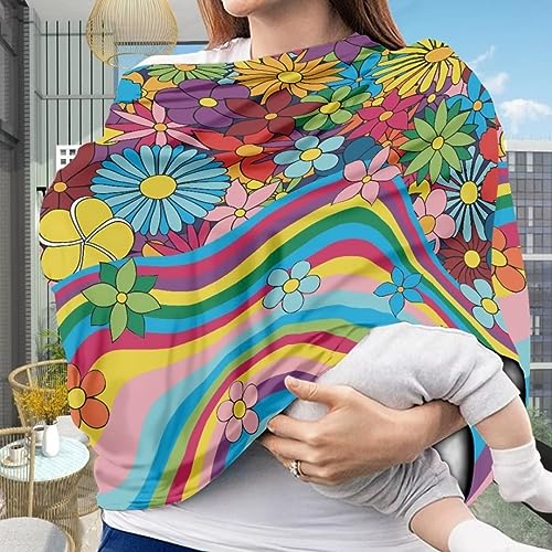 Image of Youngerbaby Rainbow Floral Nursing Cover Carseat Canopy Car Seat Covers for Babies Mom Breastfeeding Scarf Infant Multi Use Cover for Baby Stroller Shopping Cart Feeding High Chair