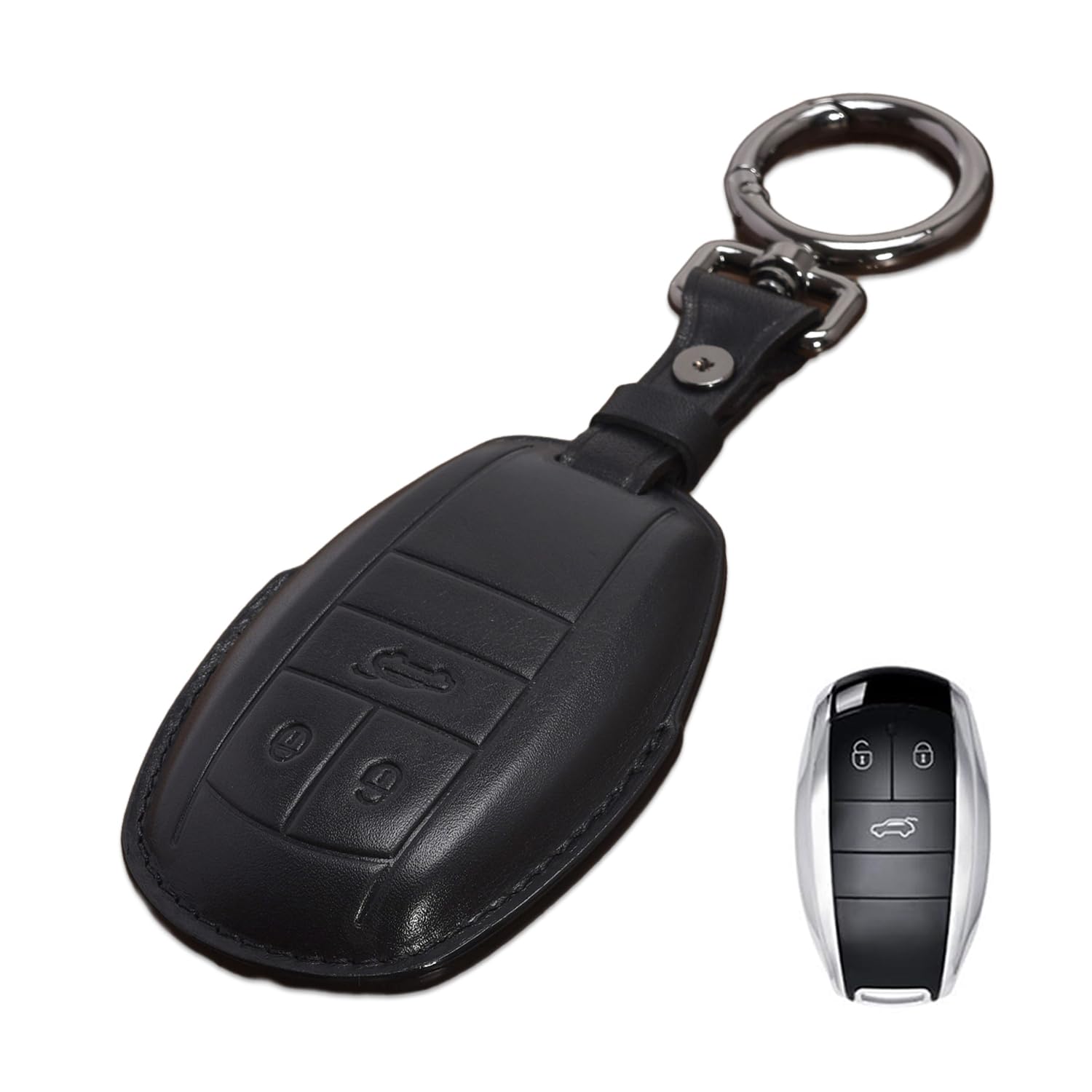 Genuine Leather Smart Remote Key Fob Case Cover Protector Shell Accessories Compatible for Bentley Bentayga Flying Spur GT 2018 with Keychain(Black)