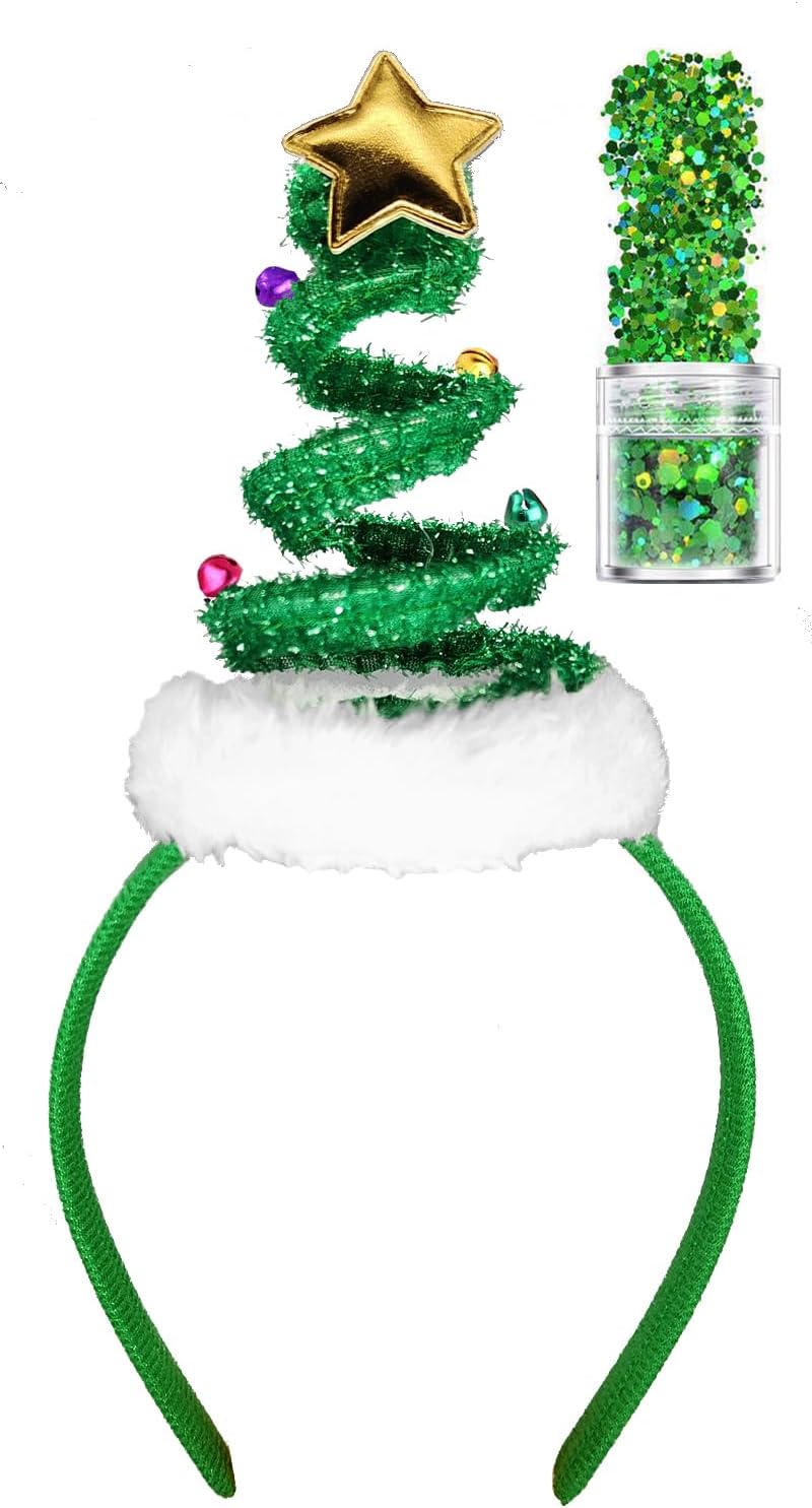 FUEAWIM Springy Christmas Tree Headband with Bells Santa