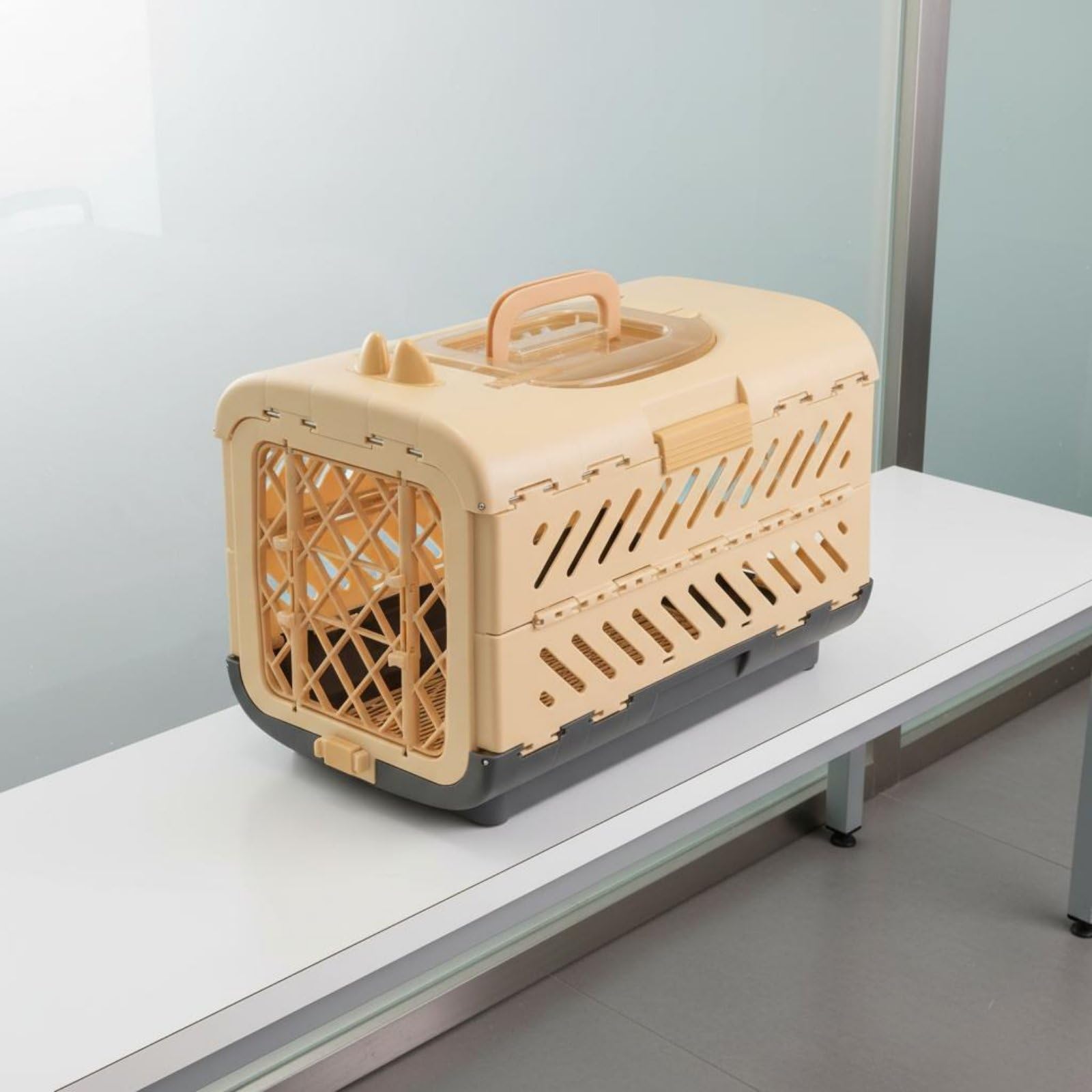 Gralara Transportín para Gatos Transportín Jaula Contenedor Mochila Plegable con Diseño Portátil y Estable Ventilación Lateral y Estructura Rígida Material PP, Verde