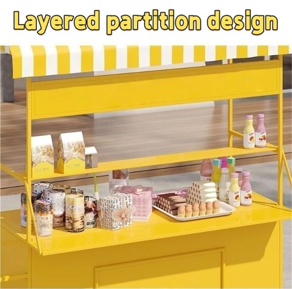 Carrello leggero in ferro con tettoia a righe e ruote, portatile, per il mercato degli agricoltori, carrello creativo per cibo da strada con scatola portaoggetti per eventi (140 x 190 cm)
