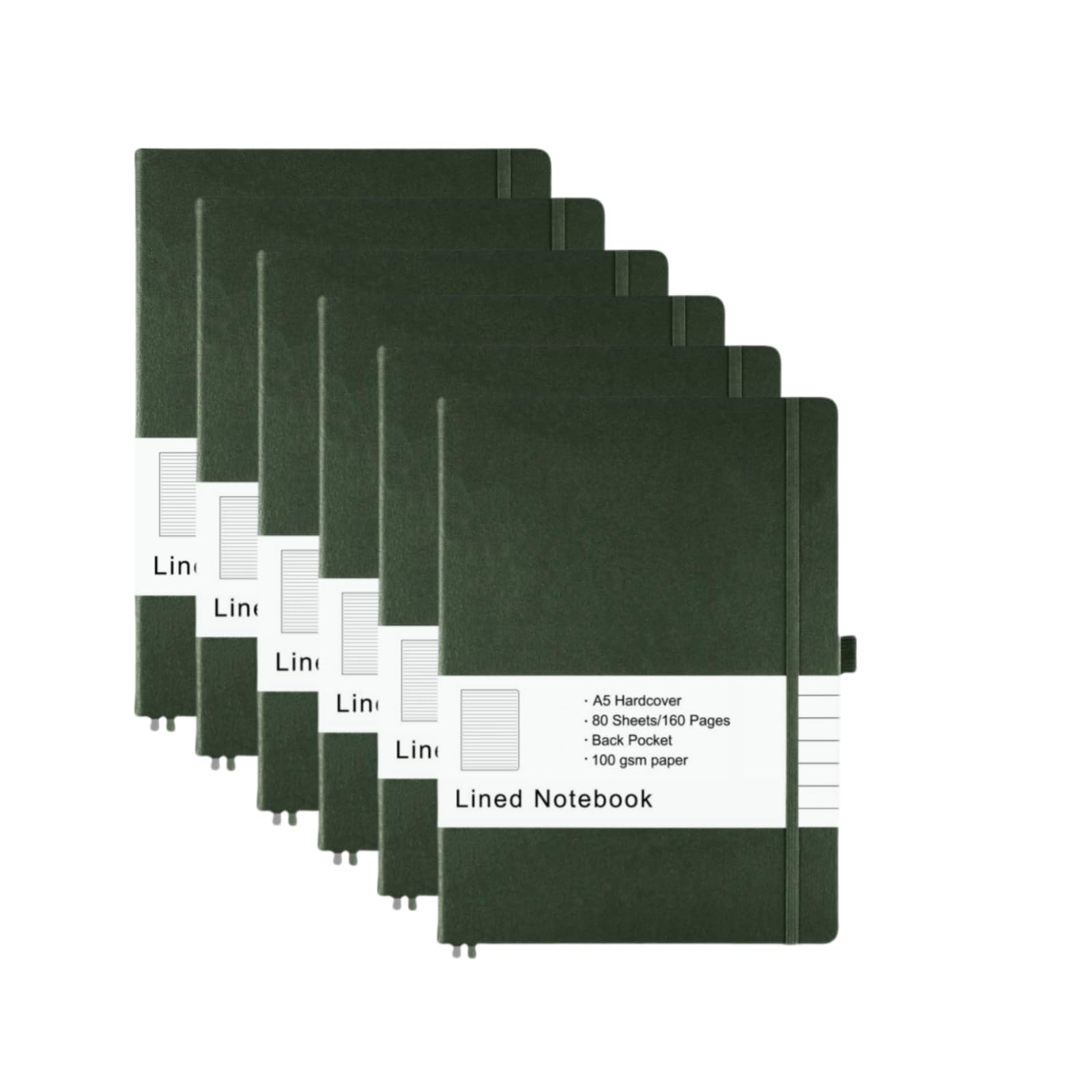 HAO&Q A5 6-Pack Lined Journal Notebook for Women Men, 160 Pages 100 GSM Thick Paper, 5.7 x 8 inches, Hardcover Notebook with Pen Loop（Green）