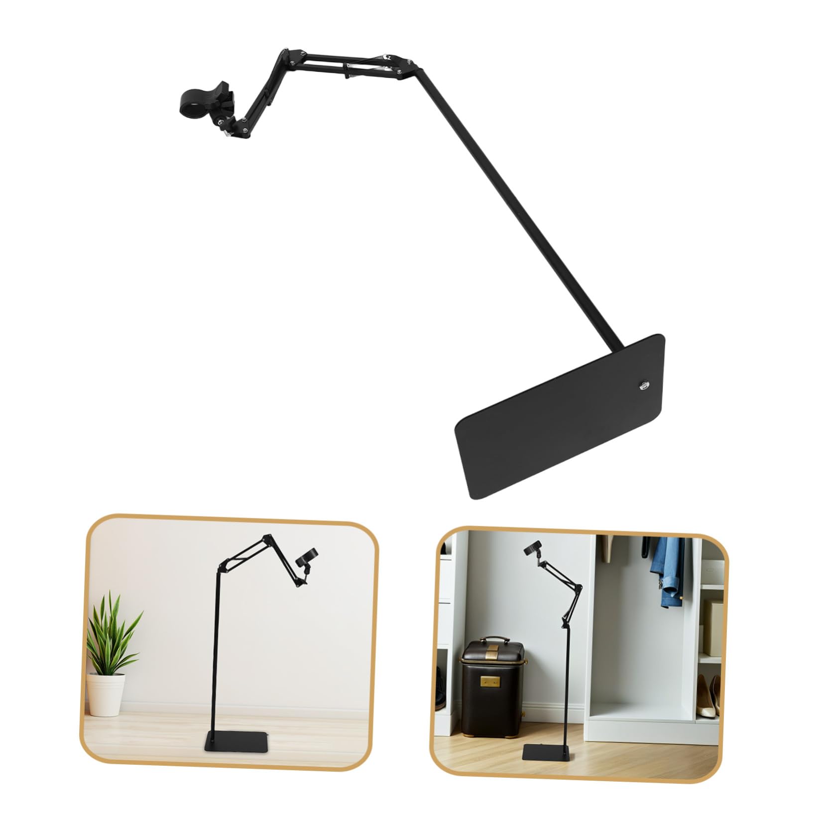 Soporte Ajustable para Secador de Pelo de Pie en Hierro Negro | Brazo Giratorio y Altura Regulable, Estructura Plegable, Abrazadera Antideslizante con Medida 3,2-6,4 Cm