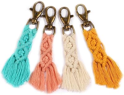 4 Pack Mini Macrame Keychains Boho Macrame Bag Charms with Tassels Handcrafted Accessories for Car Key Purse Phone Wallet Unique Gift Party Supplies