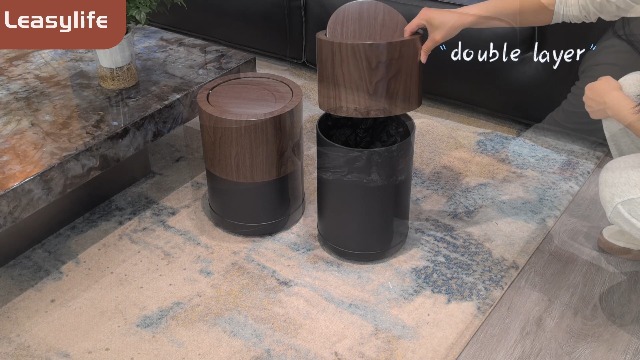 Image of 15L /4GAL Modern Metal Waste Bin with Realistic Wood Texture,Built-in Bag Holder,Swing Lid Trash Bin for Bathroom,Home,Office,Living Room (4gal Swing lid)