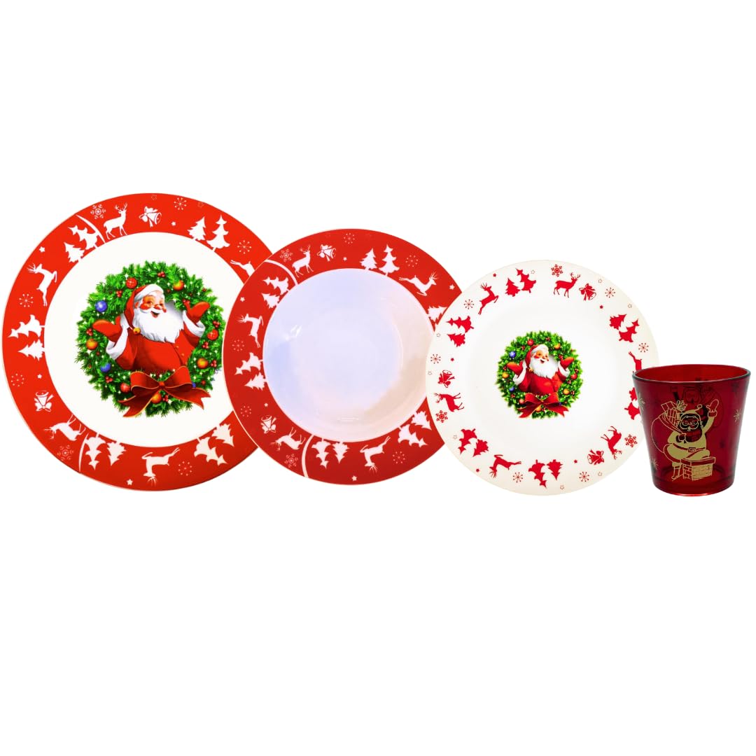 Lot de 18 assiettes en porcelaine de Noël pour 6 personnes avec 6 verres Motif Père Noël avec guirlande de Noël