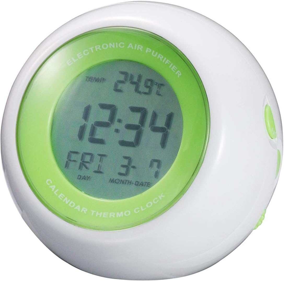 SELVA Despertador de cuarzo con sistema de purificación de aire, color blanco, verde, con temperatura, fecha y día de la semana, función de repetición y retroiluminación LED