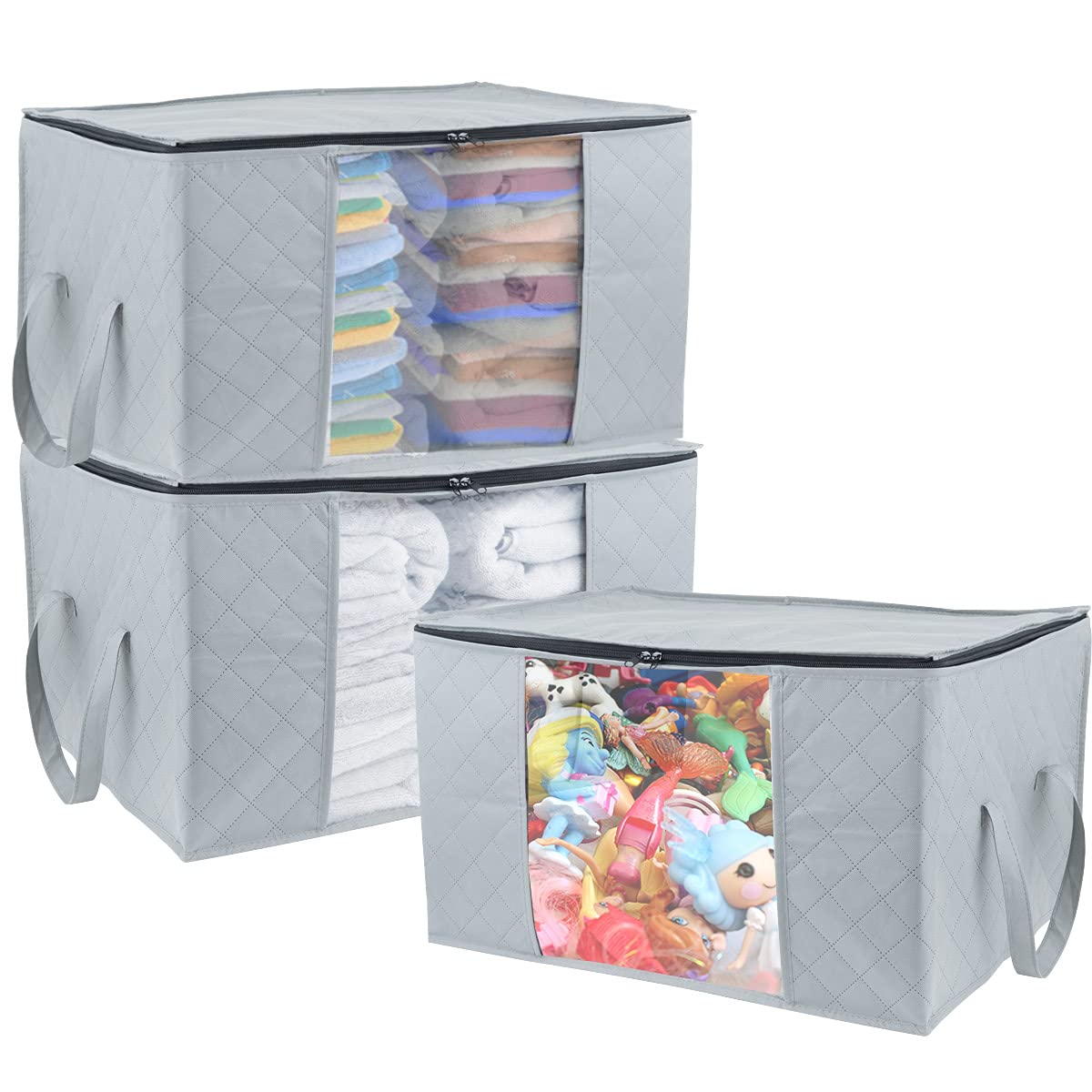 FiNeWaY Set of 3 Fabric Storage Bags Boxes Organiser With Zips X-Large- Viewing Window – Great for Storing Duvets Blankets, Bedding, Clothes Towels, Sweaters Toys - Under Bed Closet Wardrobe Box