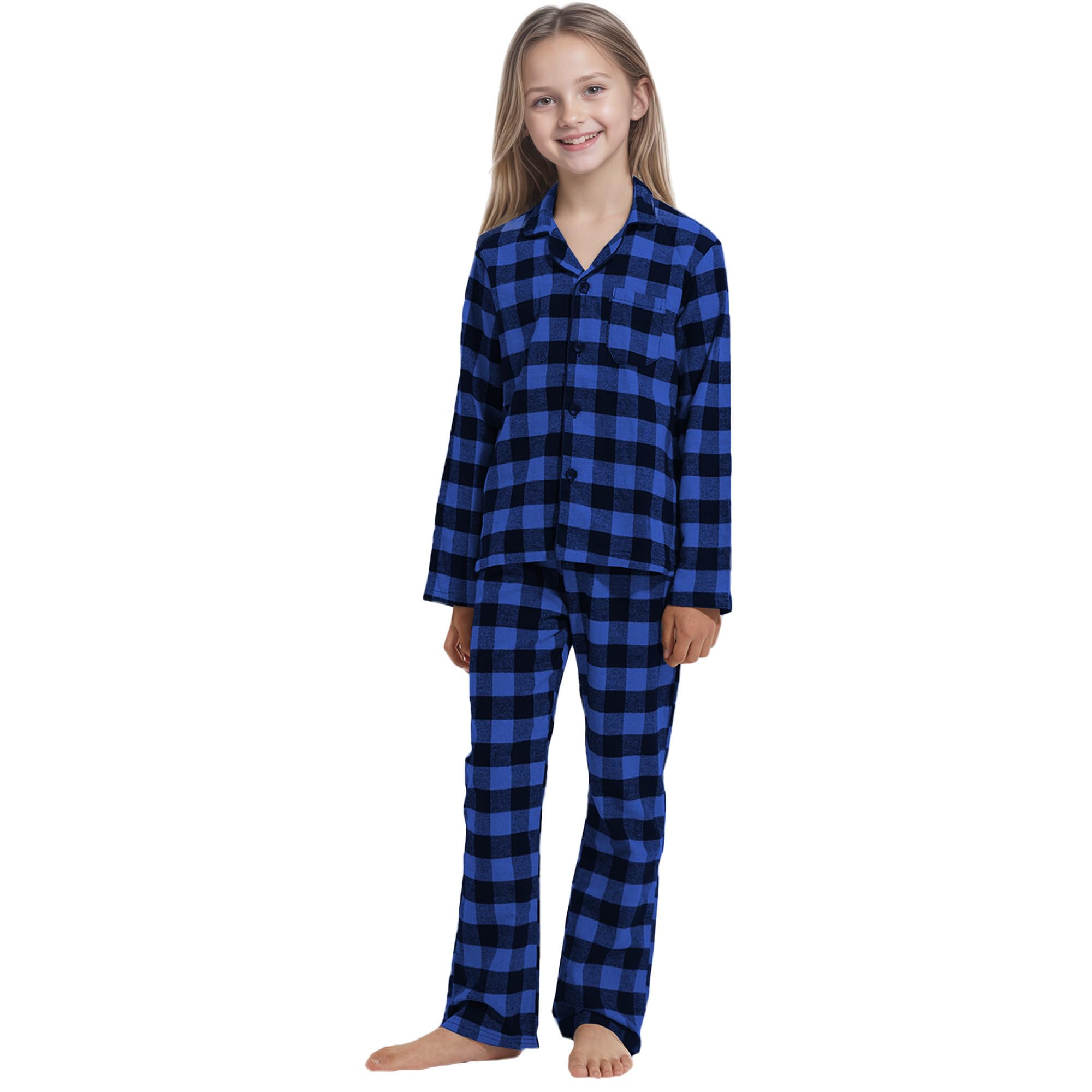 Set di pigiama a maniche lunghe a quadri, per ragazzi e ragazze, pigiama in flanella con top e pantaloni a quadri, 2 pezzi, biancheria da notte in cotone